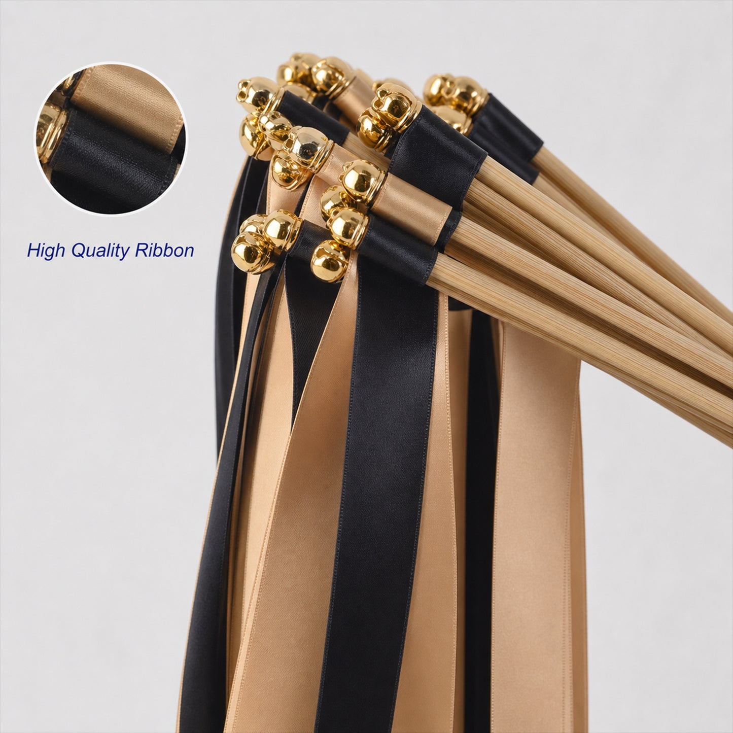 Handmade Black & Champagne Satin Ribbon Wedding Wands with Bell