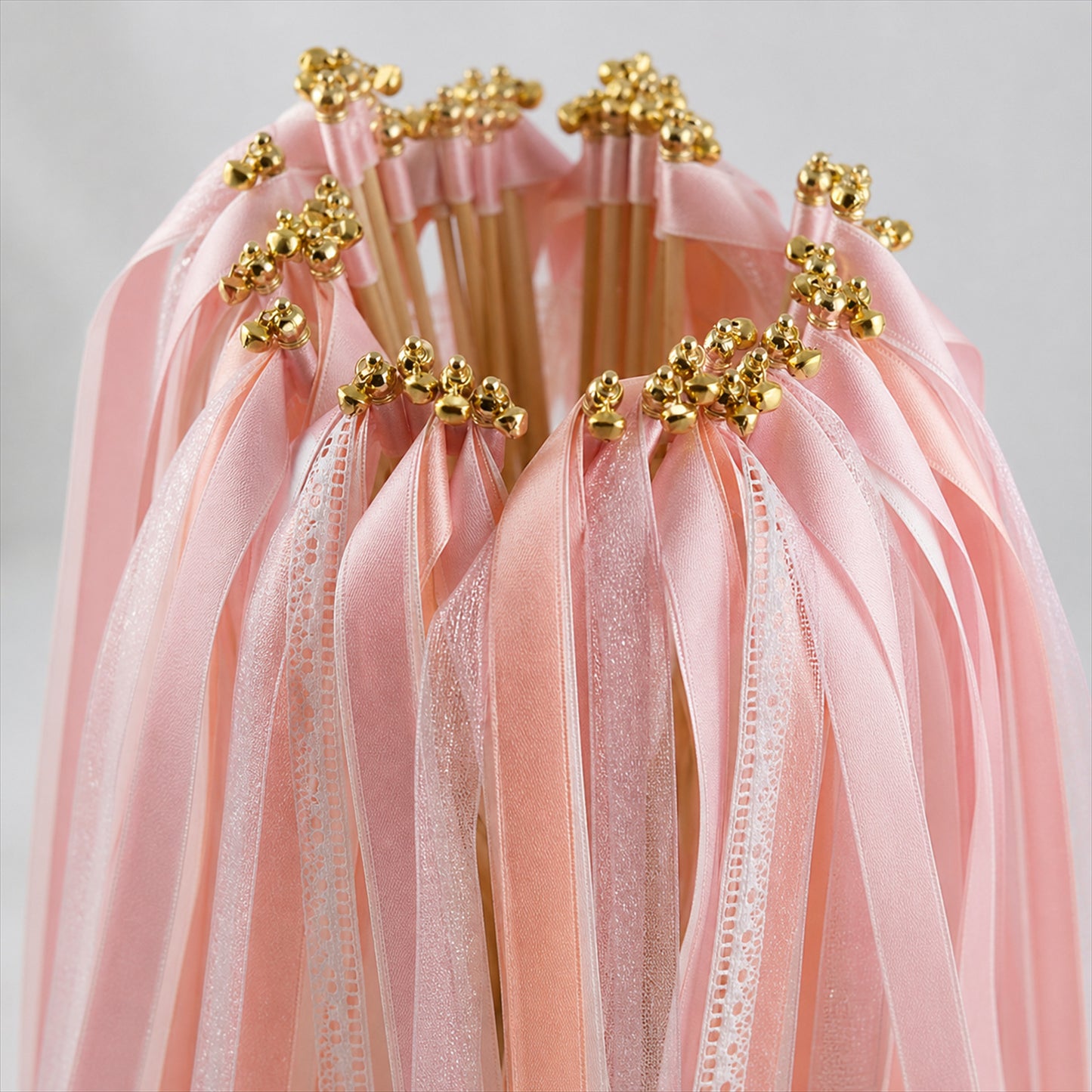 Handmade Blush, Ivory & White Satin, Lace & Organza Ribbon Wedding Wands with Bell