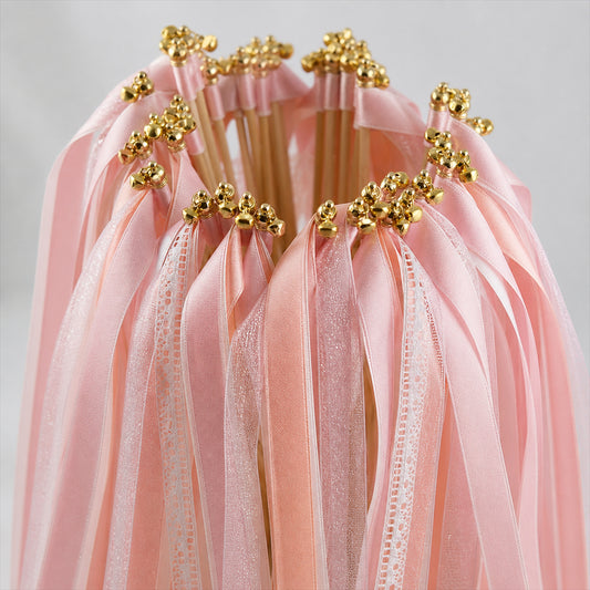 Handmade Blush, Ivory & White Satin, Lace & Organza Ribbon Wedding Wands with Bell