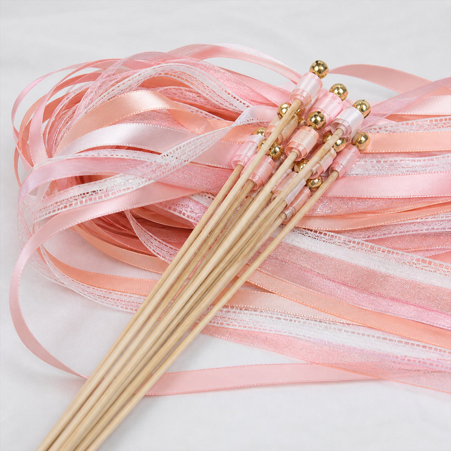 Handmade Blush, Ivory & White Satin, Lace & Organza Ribbon Wedding Wands with Bell