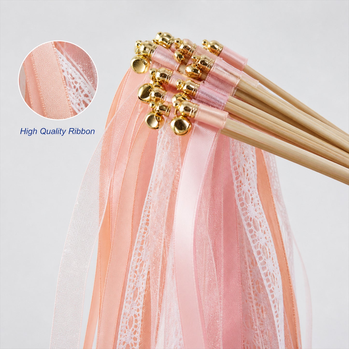 Handmade Blush, Ivory & White Satin, Lace & Organza Ribbon Wedding Wands with Bell