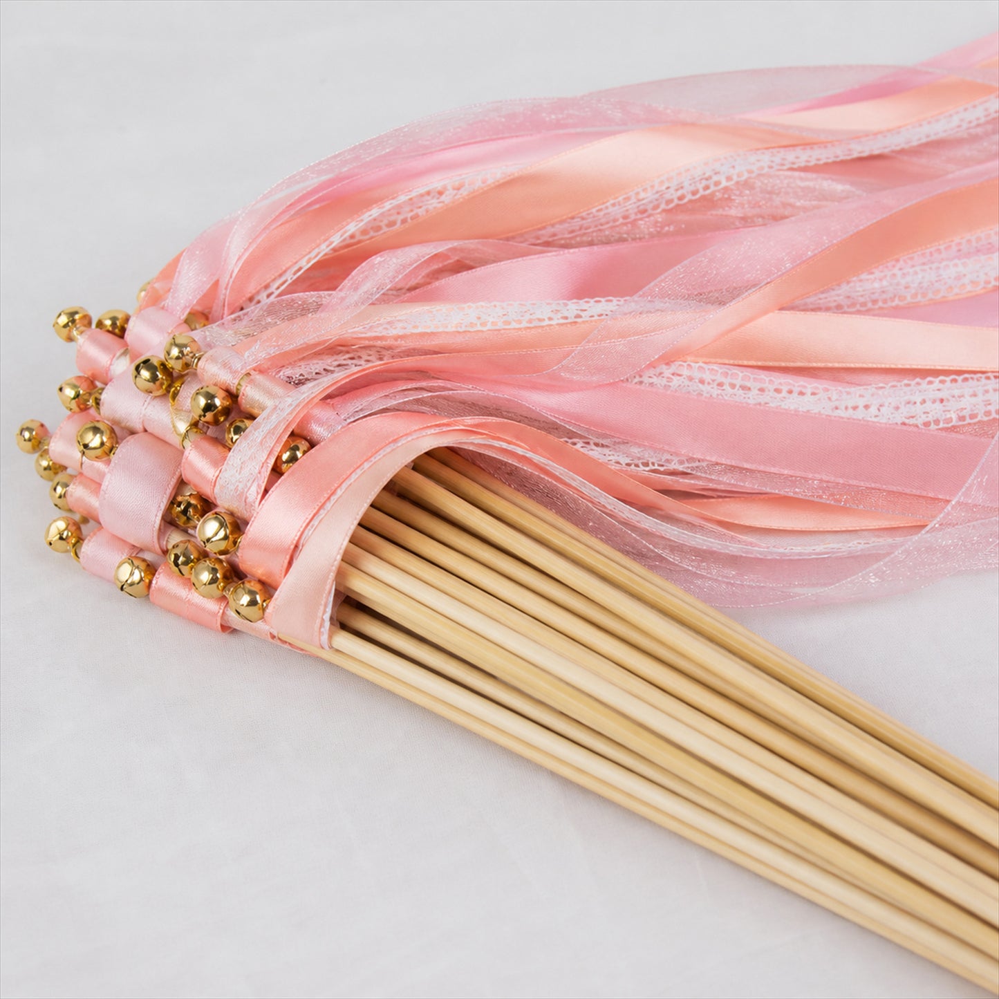 Handmade Blush, Ivory & White Satin, Lace & Organza Ribbon Wedding Wands with Bell
