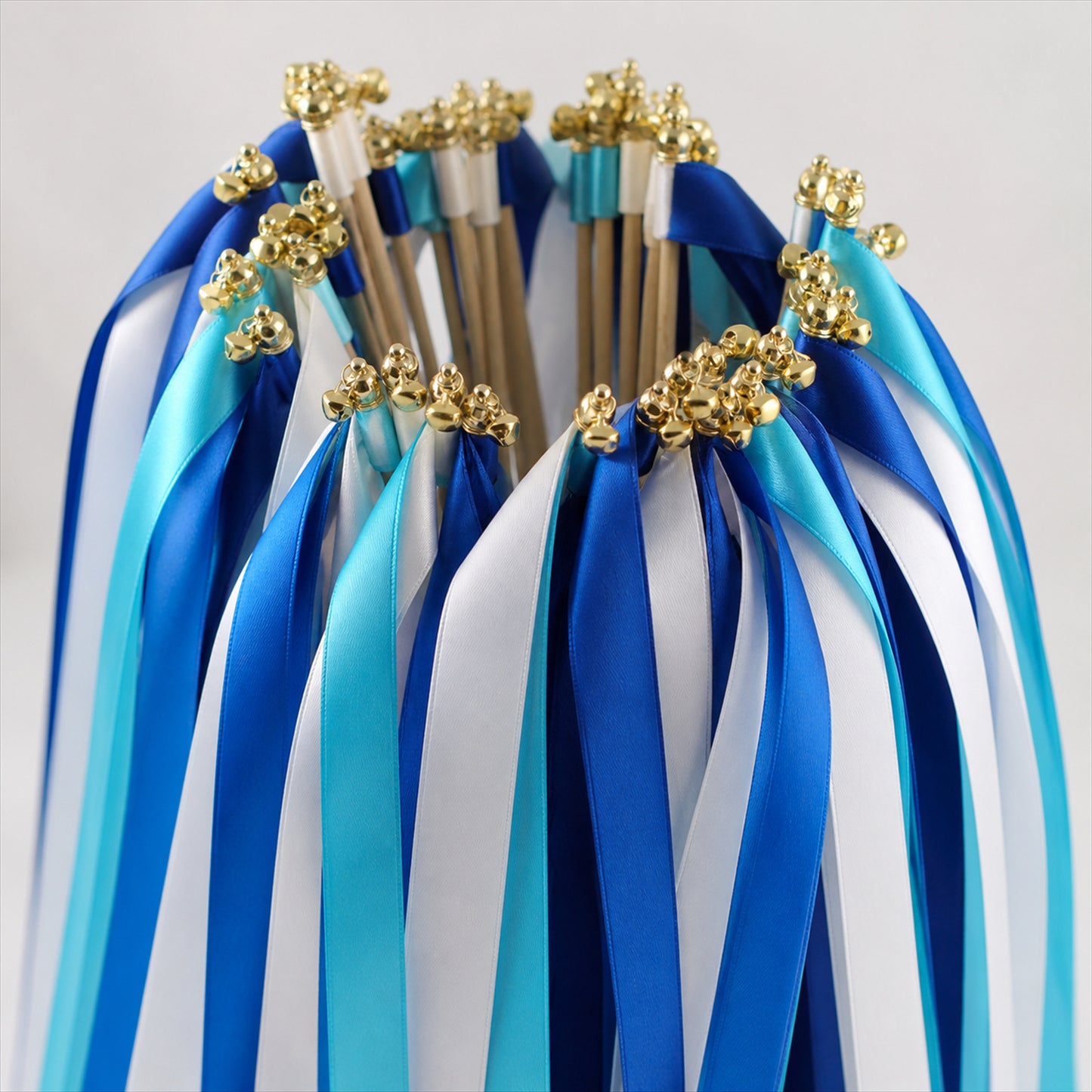 Handmade Royal Blue, Sky Blue & White Satin Ribbon Wedding Wands with Bell