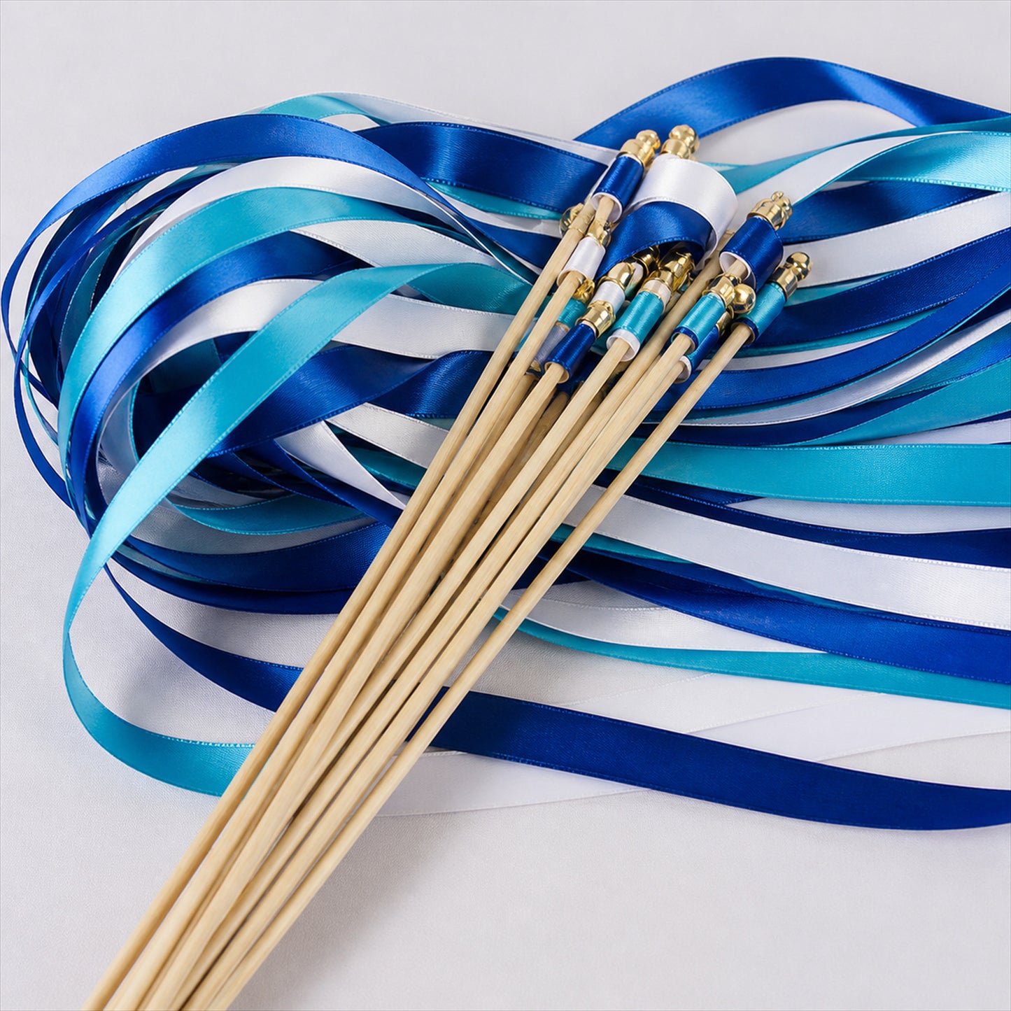 Handmade Royal Blue, Sky Blue & White Satin Ribbon Wedding Wands with Bell