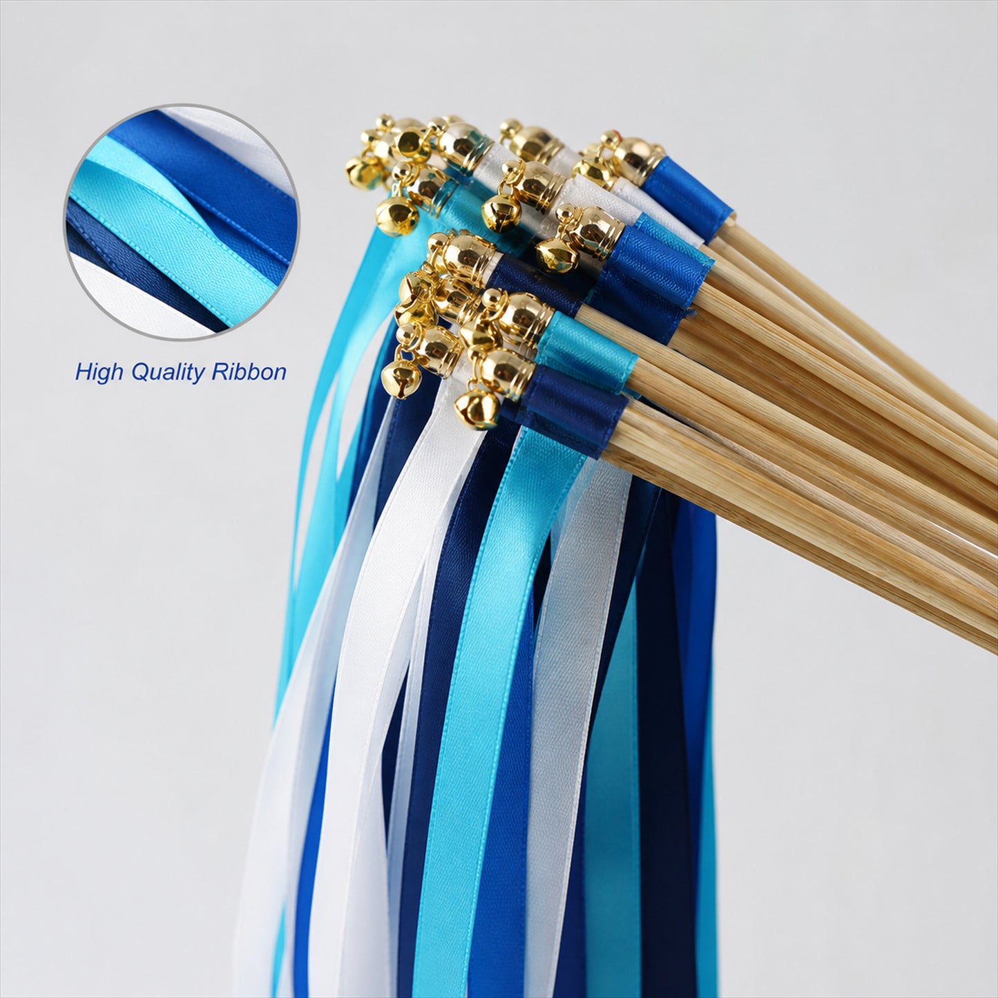 Handmade Royal Blue, Sky Blue & White Satin Ribbon Wedding Wands with Bell