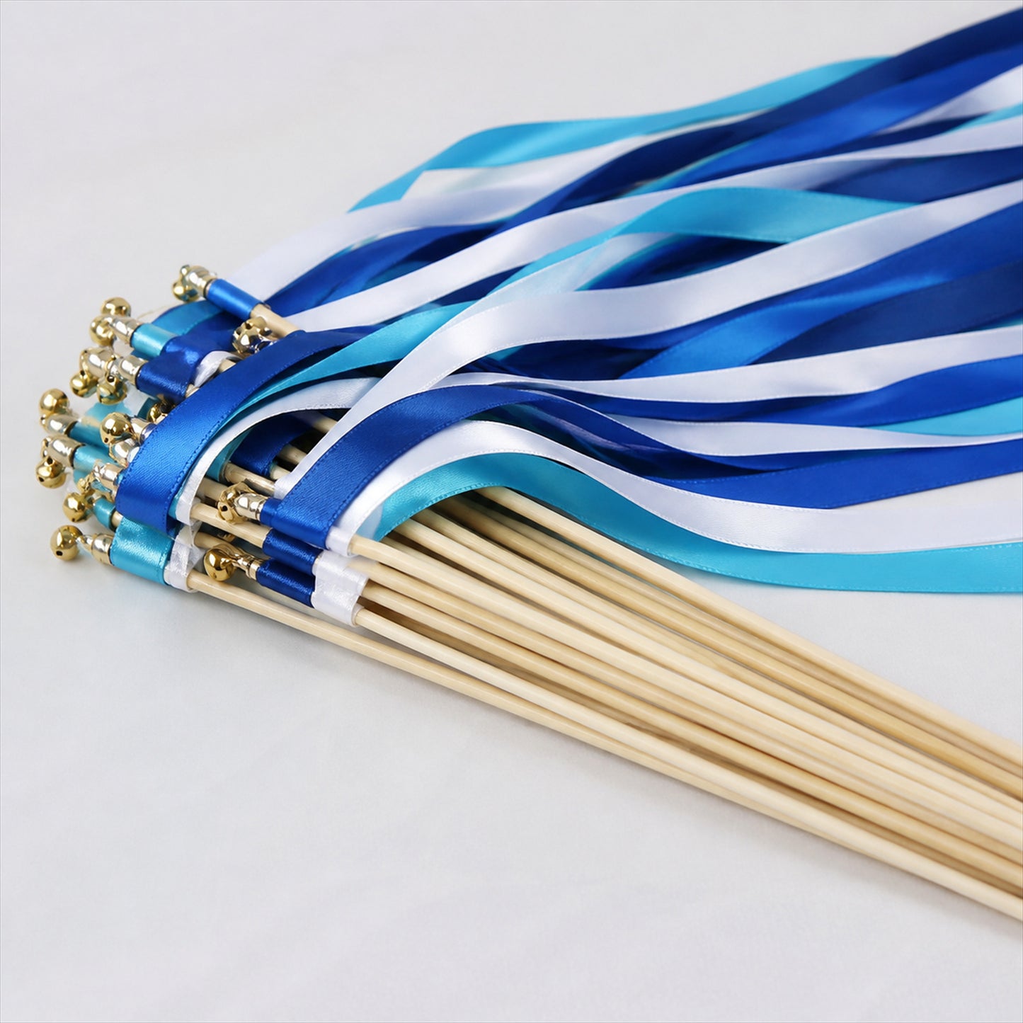 Handmade Royal Blue, Sky Blue & White Satin Ribbon Wedding Wands with Bell