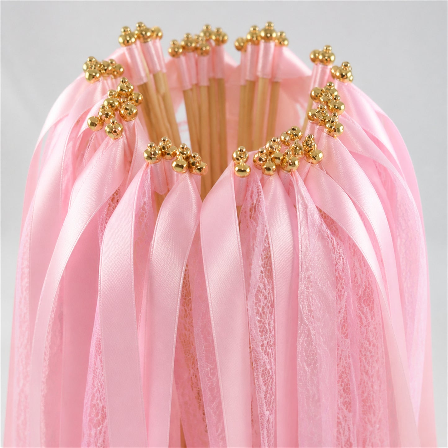 Handmade Pink, Blush Satin & Lace Ribbon Wedding Wands with Bell
