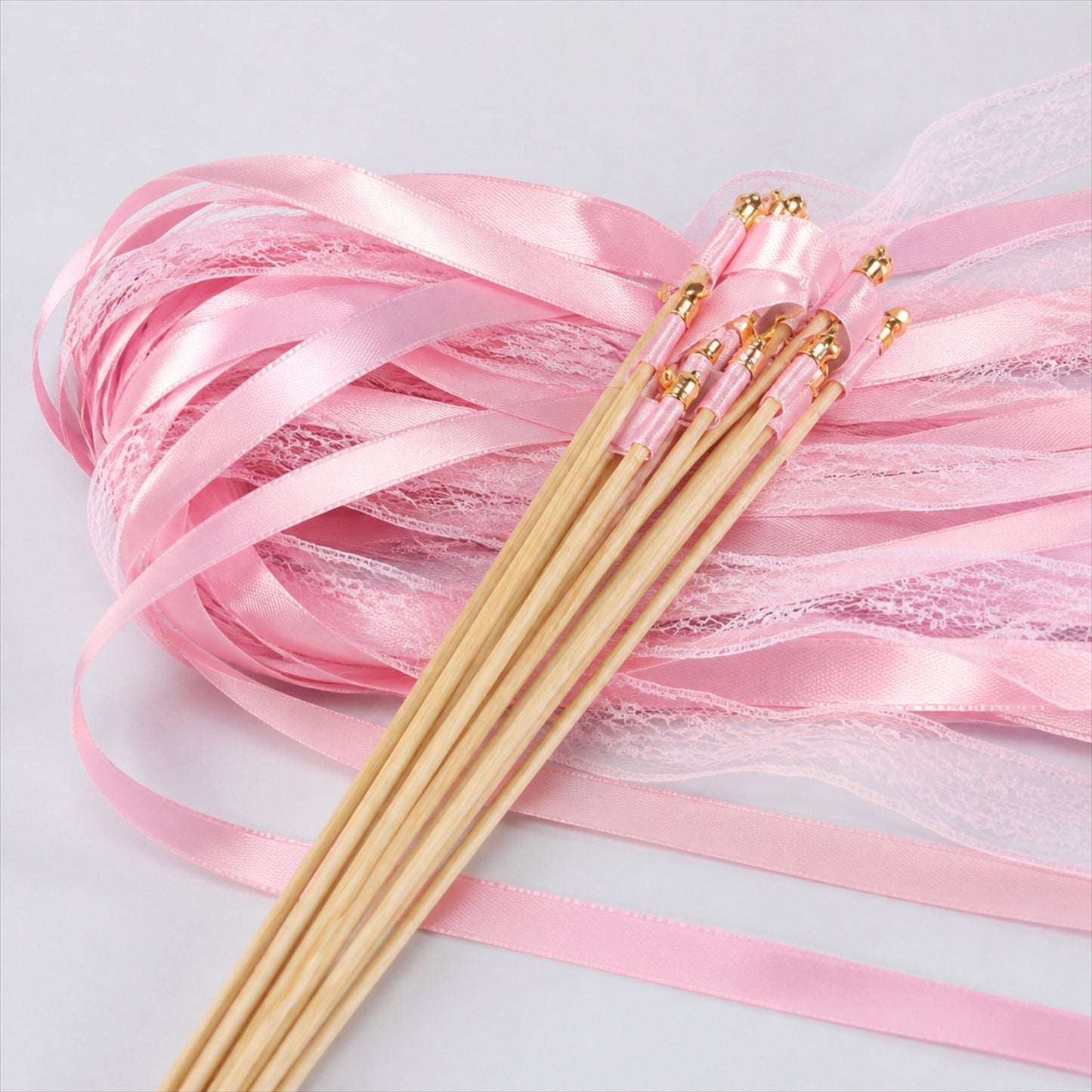 Handmade Pink, Blush Satin & Lace Ribbon Wedding Wands with Bell