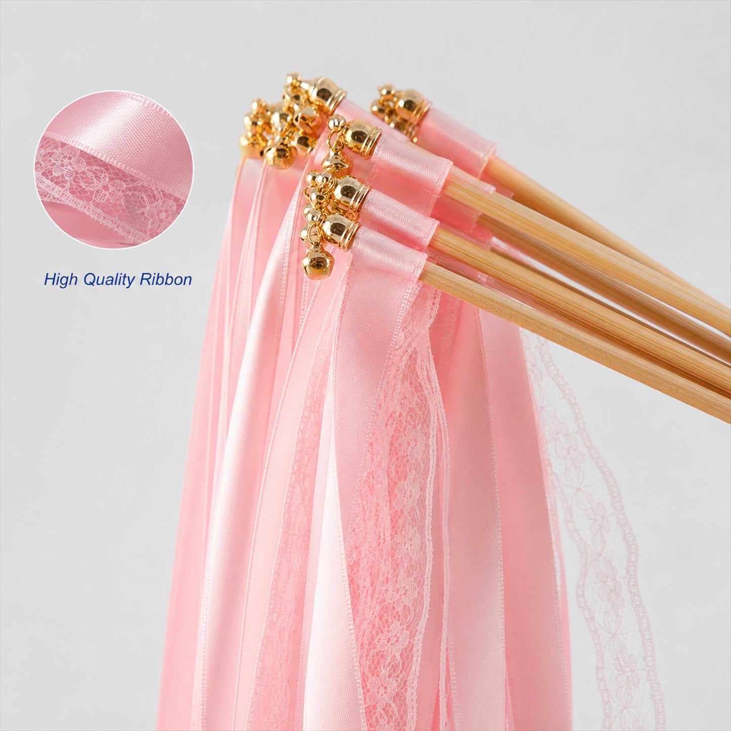 Handmade Pink, Blush Satin & Lace Ribbon Wedding Wands with Bell