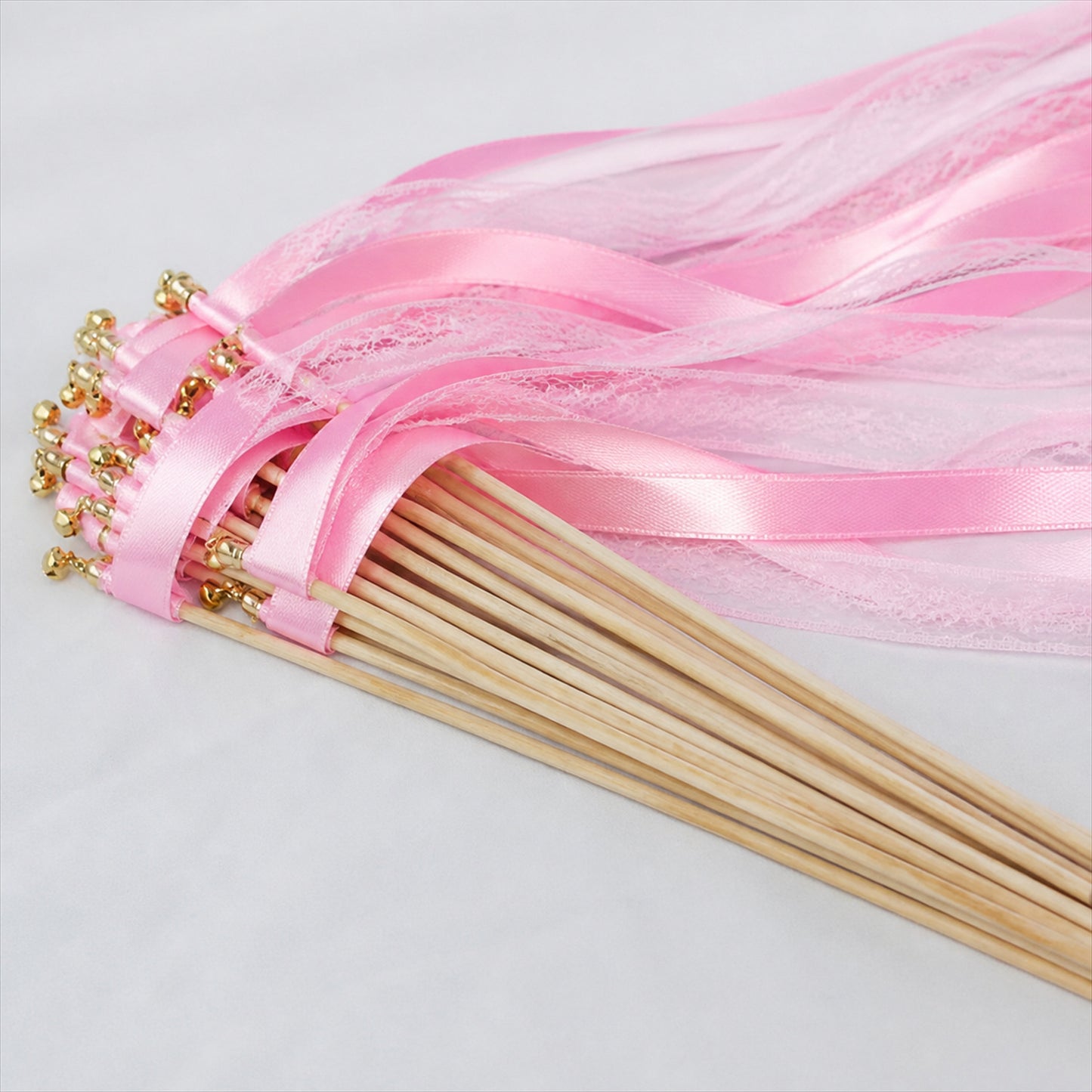 Handmade Pink, Blush Satin & Lace Ribbon Wedding Wands with Bell