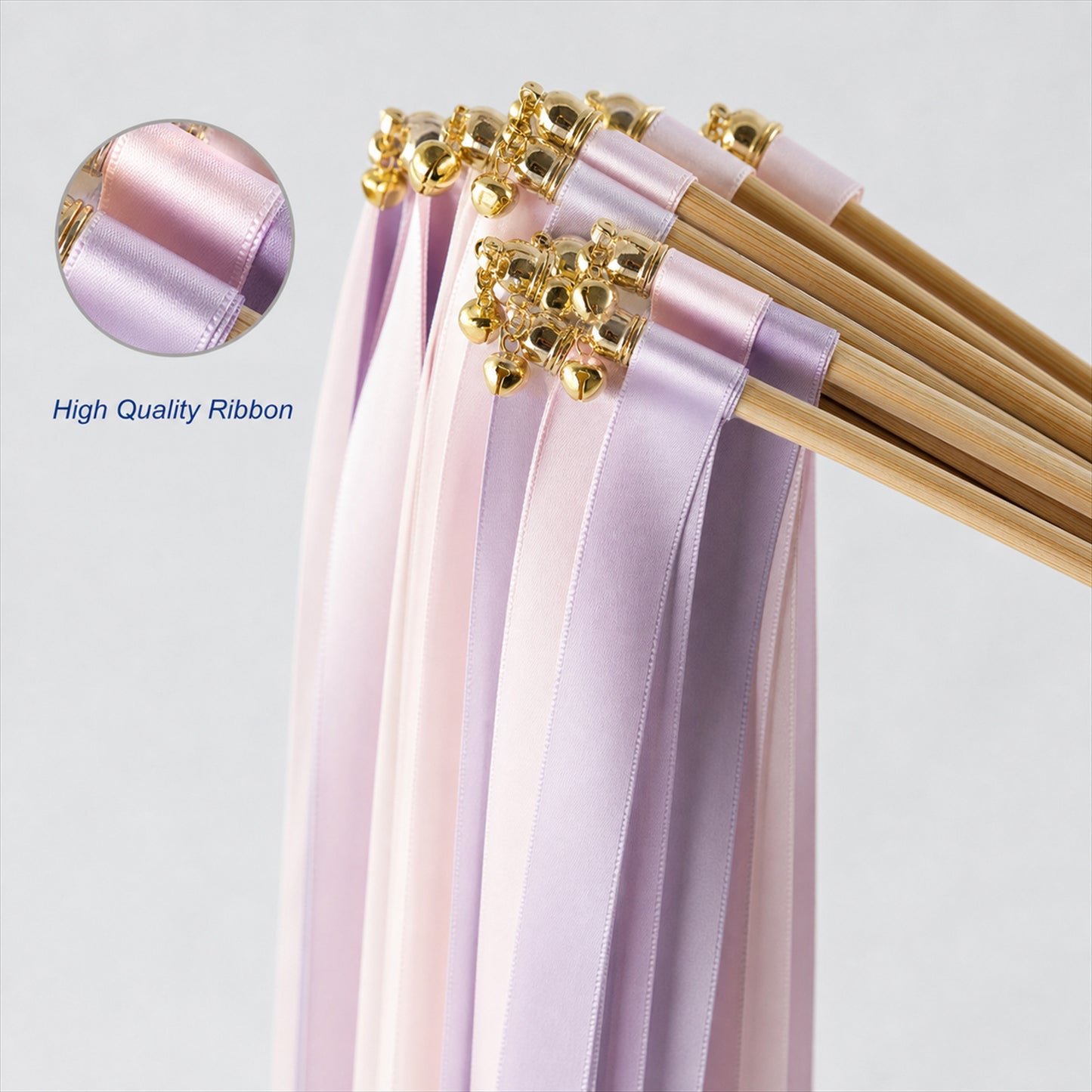 Handmade Blush, Lilac Satin Ribbon Wedding Wands with Bell