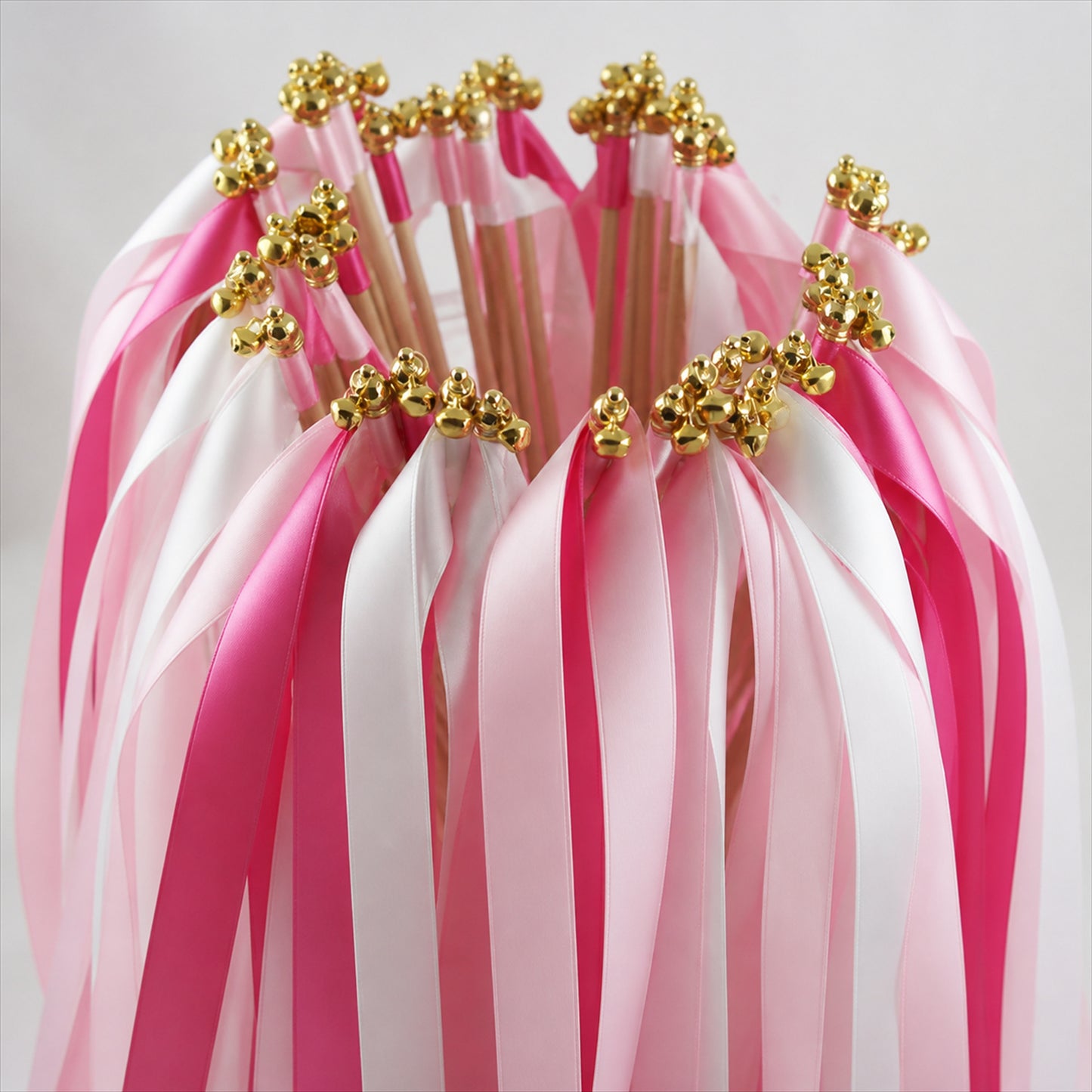 Handmade Rose Pink, Blush & White Satin Ribbon Wedding Wands with Bell