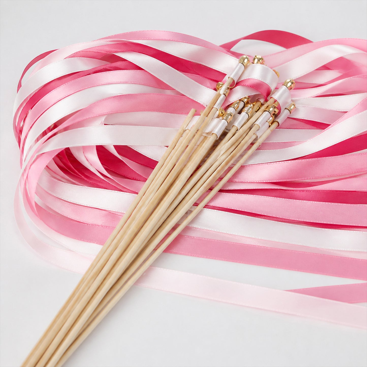 Handmade Rose Pink, Blush & White Satin Ribbon Wedding Wands with Bell