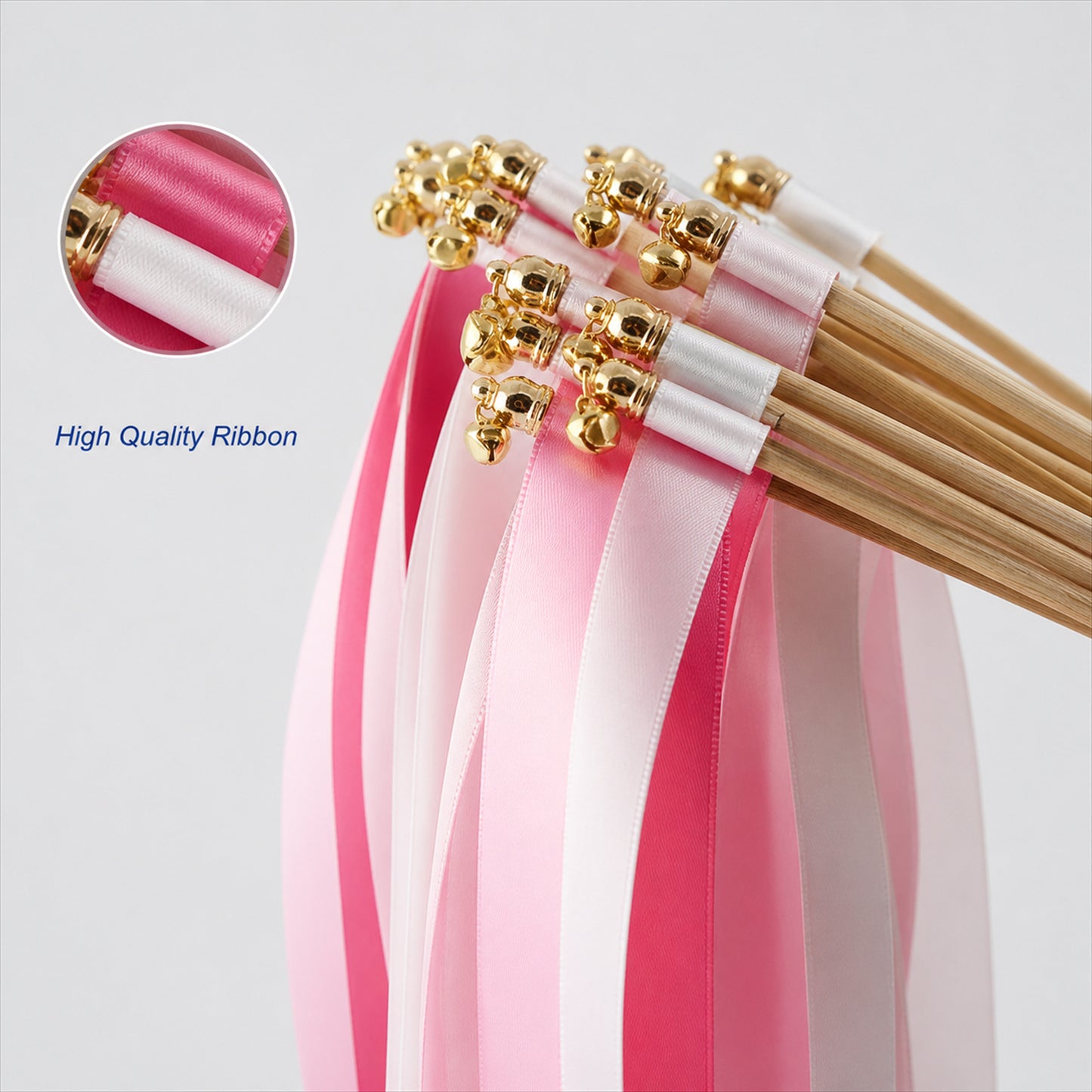Handmade Rose Pink, Blush & White Satin Ribbon Wedding Wands with Bell