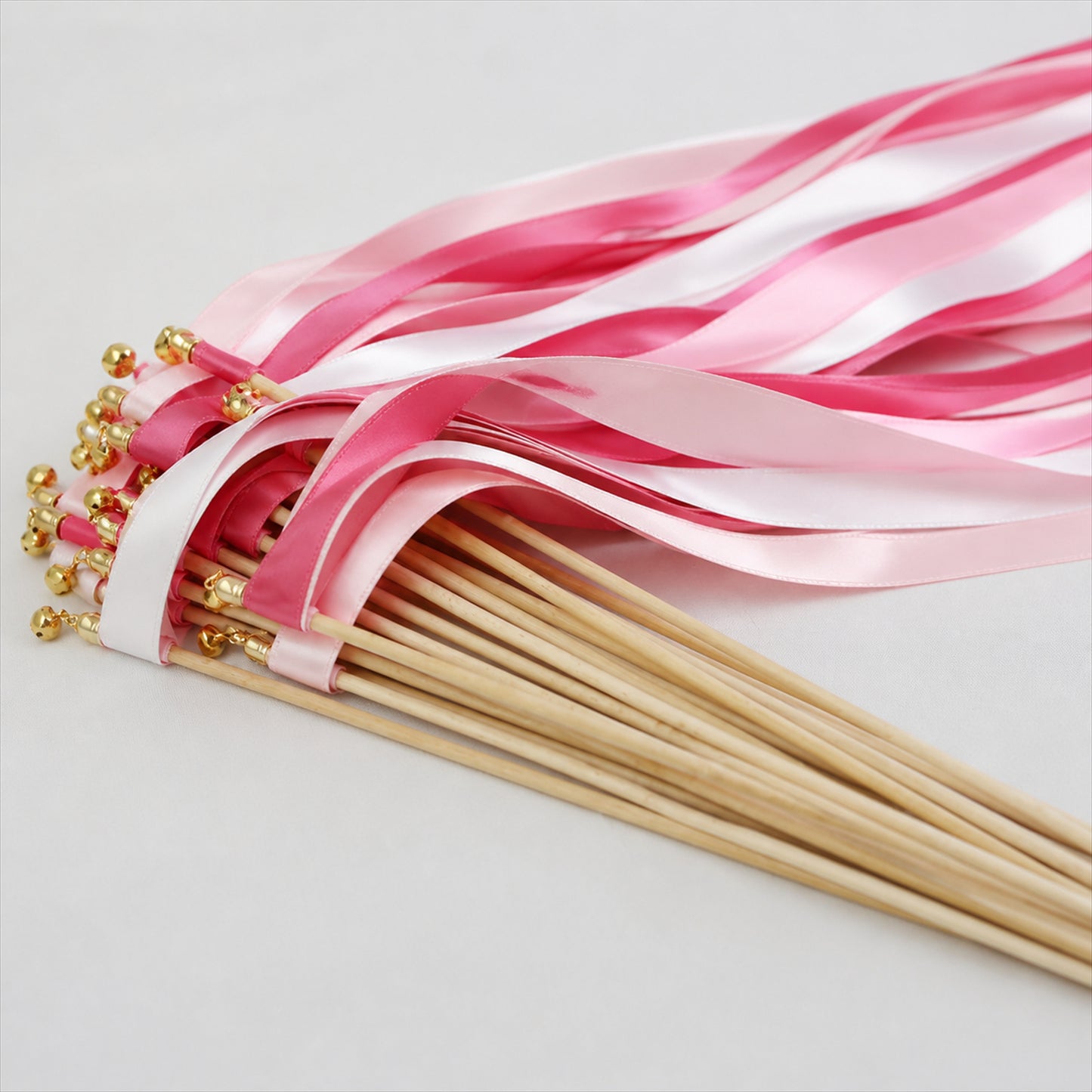 Handmade Rose Pink, Blush & White Satin Ribbon Wedding Wands with Bell