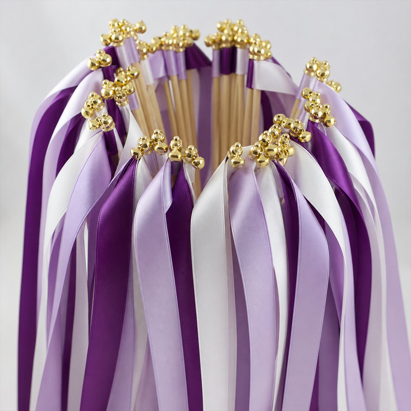 Handmade Purple, Lavender & White Satin Ribbon Wedding Wands with Bell