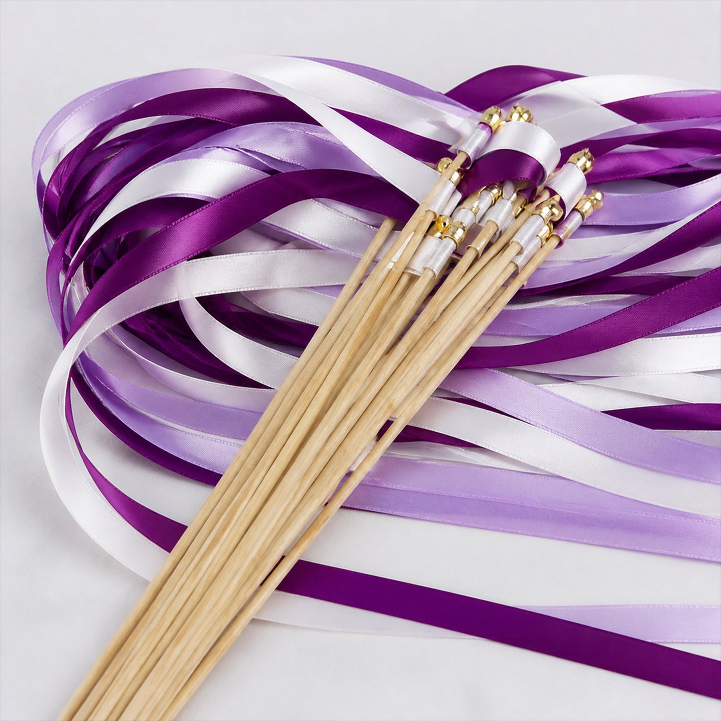 Handmade Purple, Lavender & White Satin Ribbon Wedding Wands with Bell