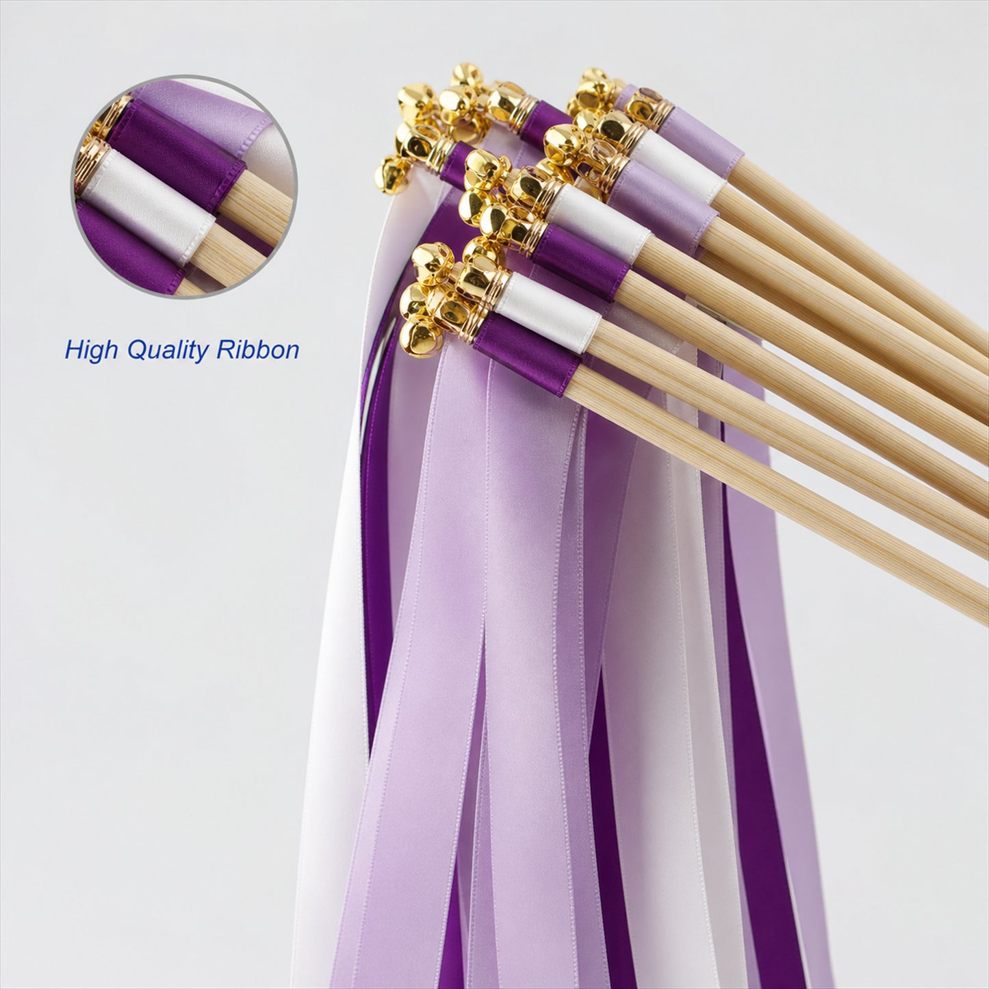 Handmade Purple, Lavender & White Satin Ribbon Wedding Wands with Bell
