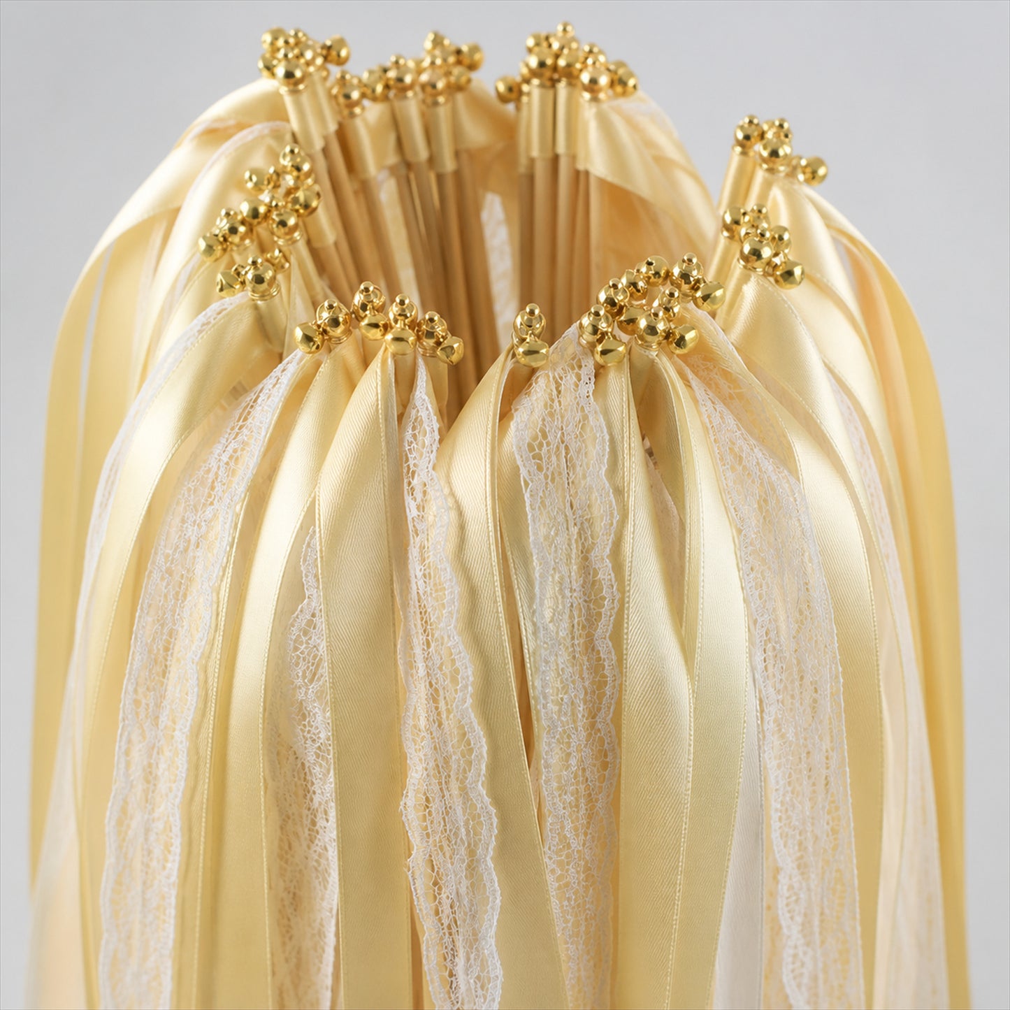 Handmade Butter Yellow, Ivory & White Satin & Lace Ribbon Wedding Wands with Bell