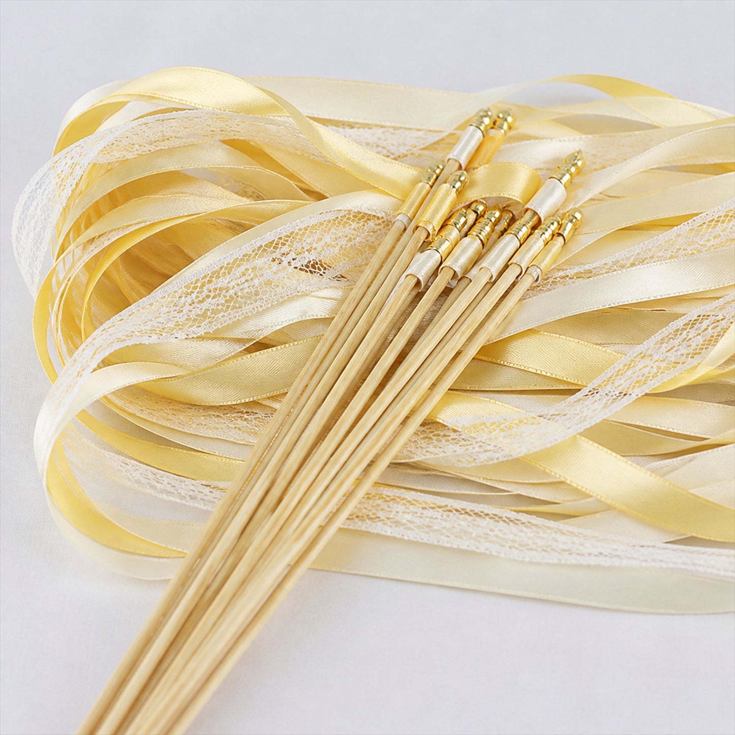 Handmade Butter Yellow, Ivory & White Satin & Lace Ribbon Wedding Wands with Bell