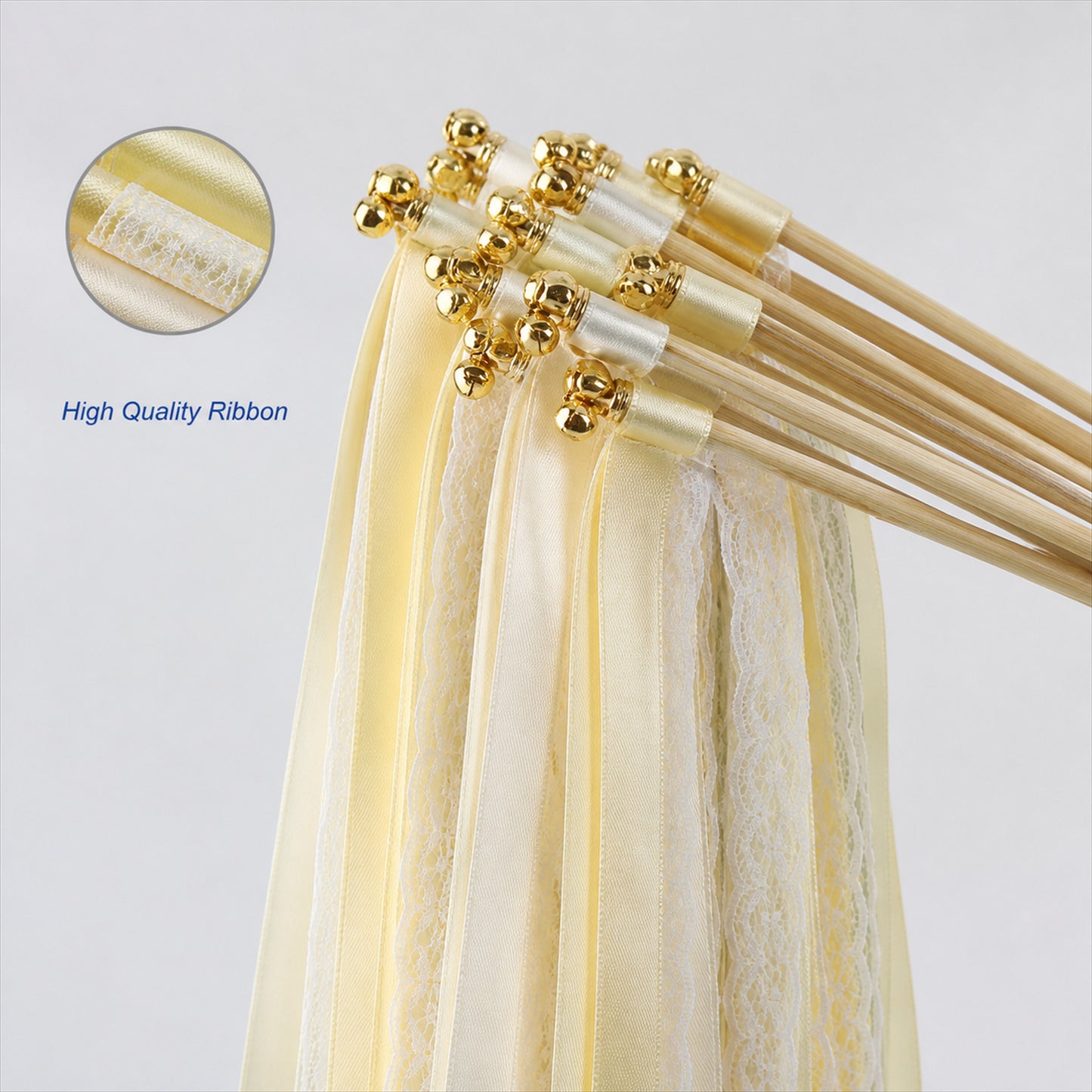 Handmade Butter Yellow, Ivory & White Satin & Lace Ribbon Wedding Wands with Bell