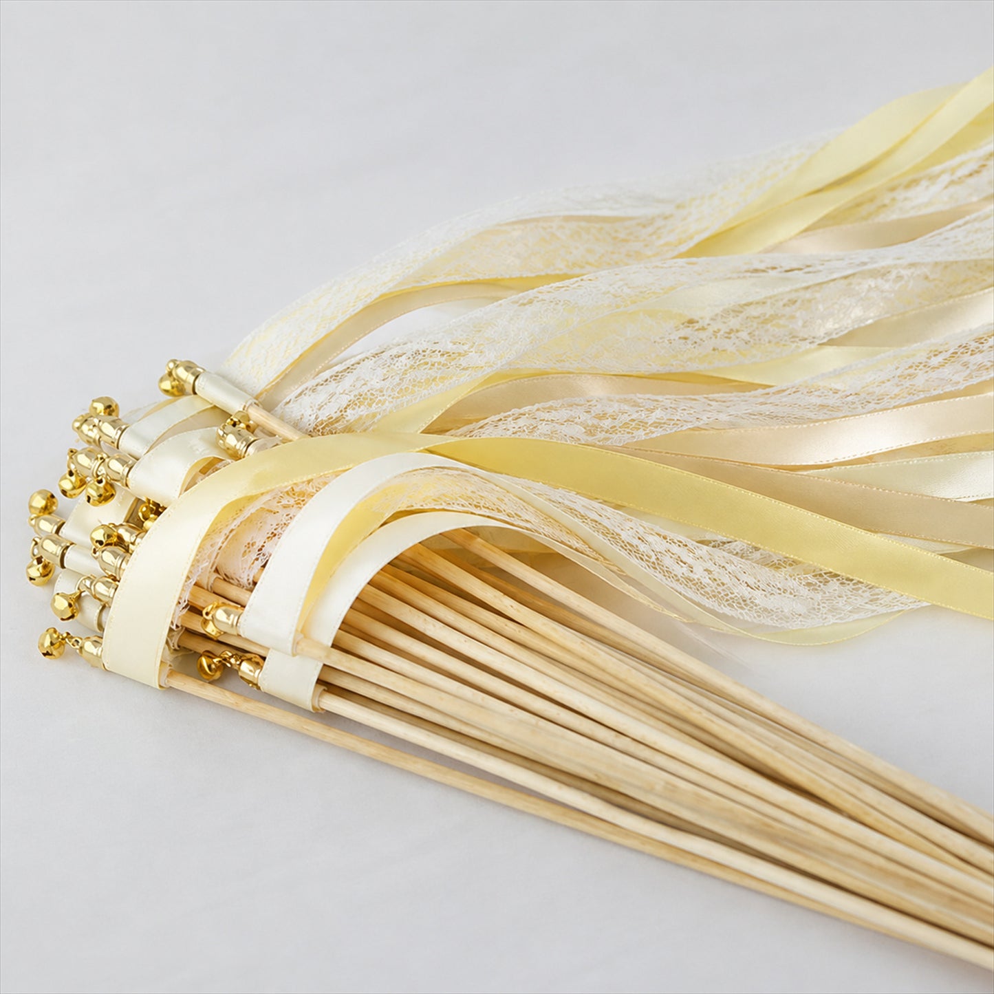 Handmade Butter Yellow, Ivory & White Satin & Lace Ribbon Wedding Wands with Bell