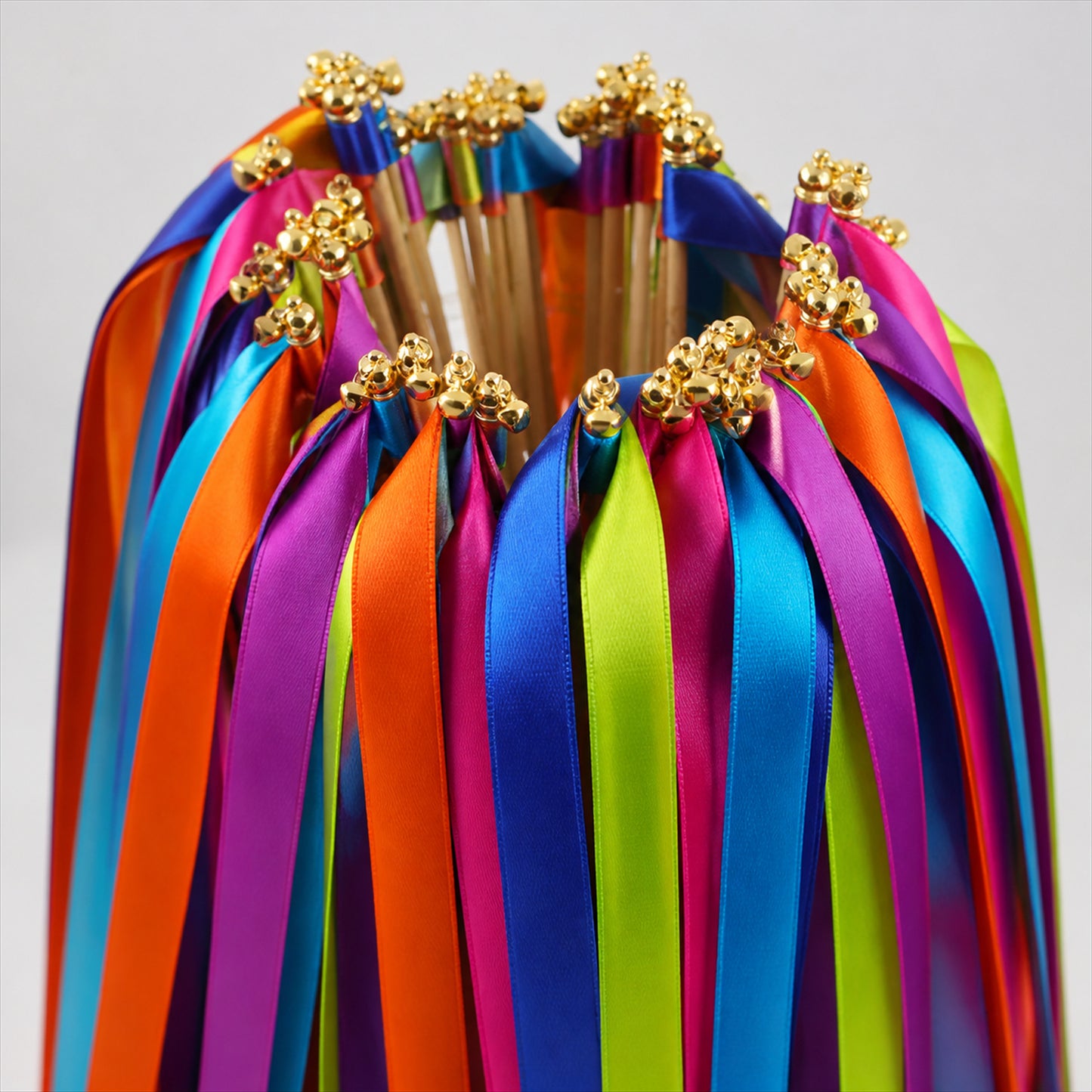 Handmade Rainbow Multicolor Satin Ribbon Wedding Wands with Bell