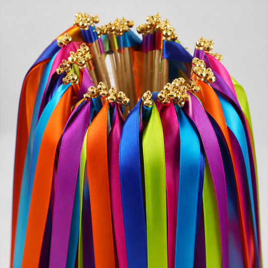 Handmade Rainbow Multicolor Satin Ribbon Wedding Wands with Bell