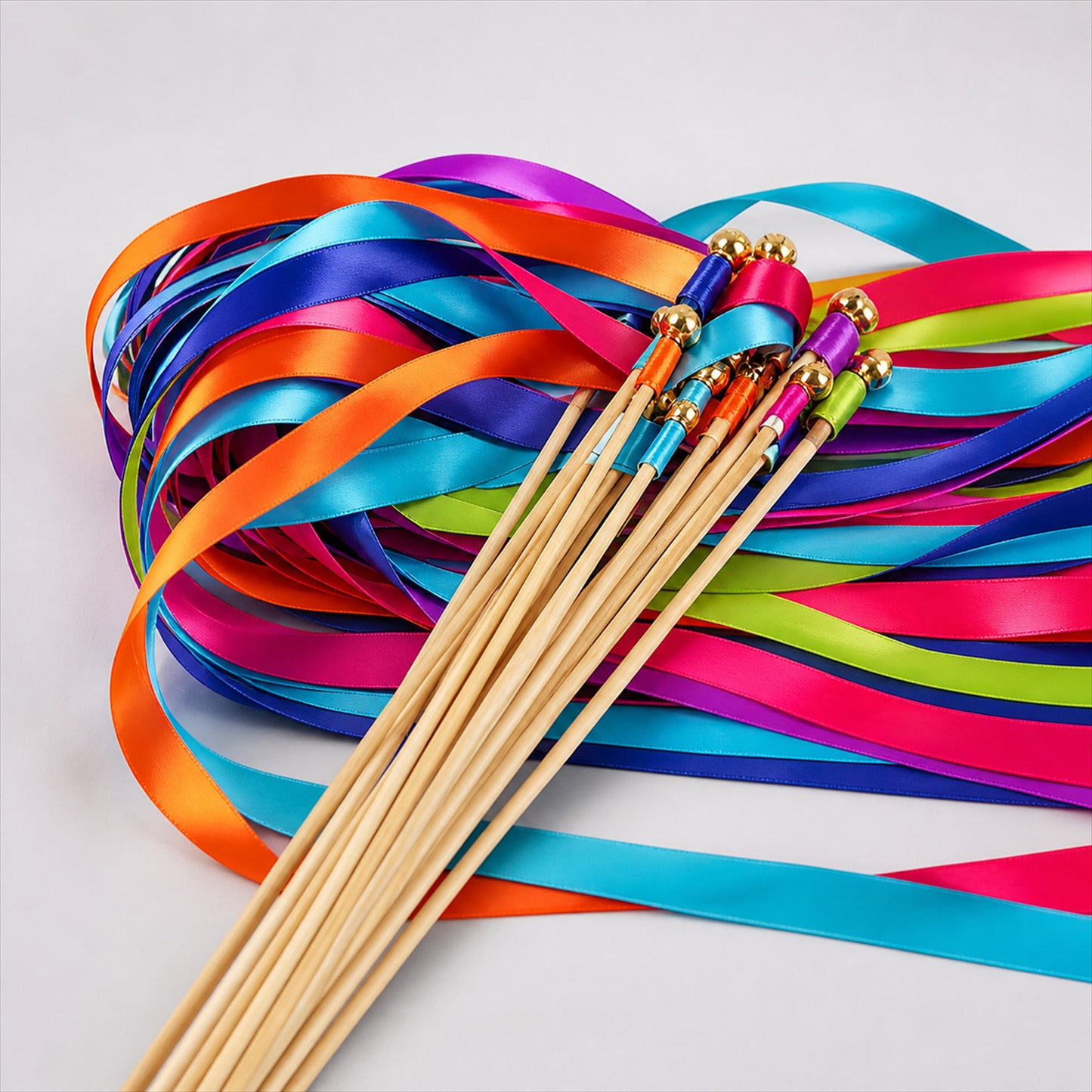 Handmade Rainbow Multicolor Satin Ribbon Wedding Wands with Bell