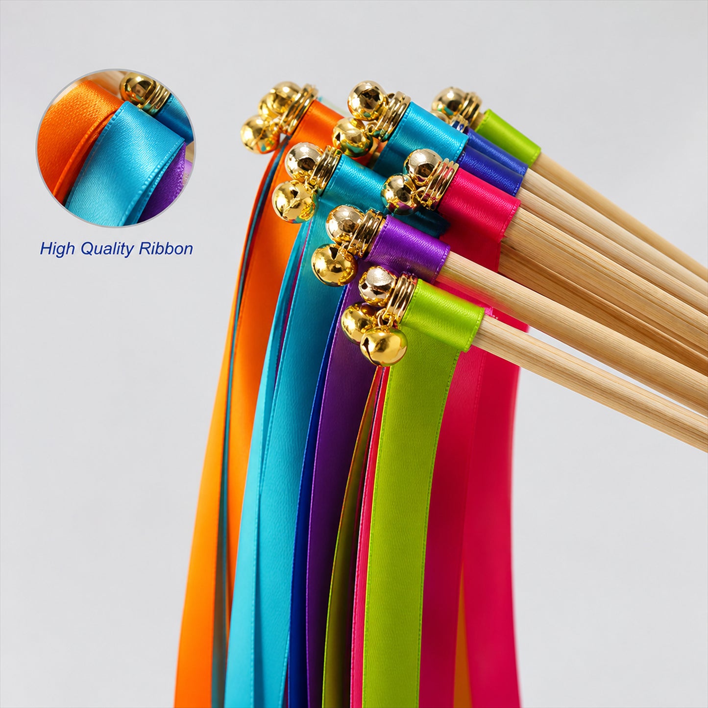 Handmade Rainbow Multicolor Satin Ribbon Wedding Wands with Bell