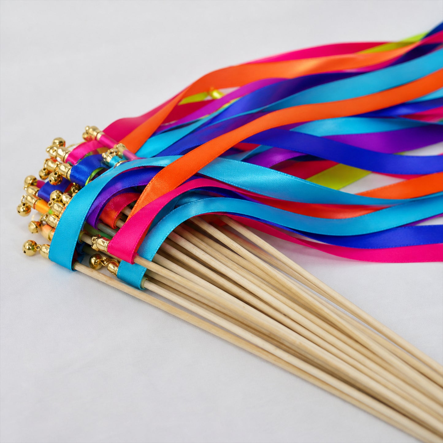 Handmade Rainbow Multicolor Satin Ribbon Wedding Wands with Bell