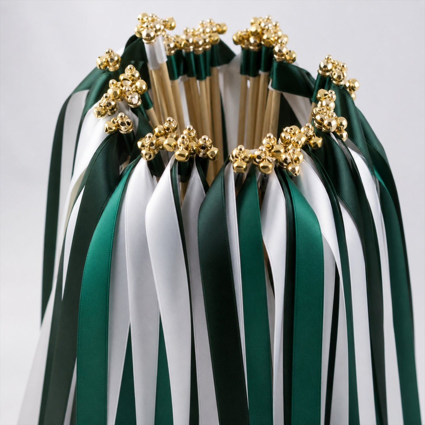 Handmade Forest Green & White Satin Ribbon Wedding Wands with Bell