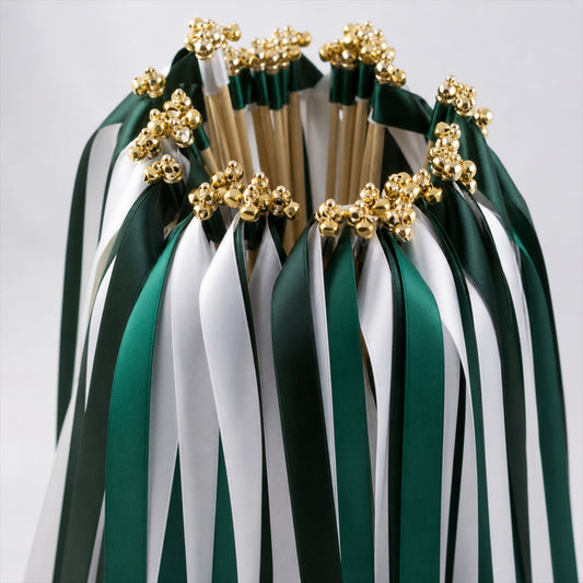Handmade Forest Green & White Satin Ribbon Wedding Wands with Bell