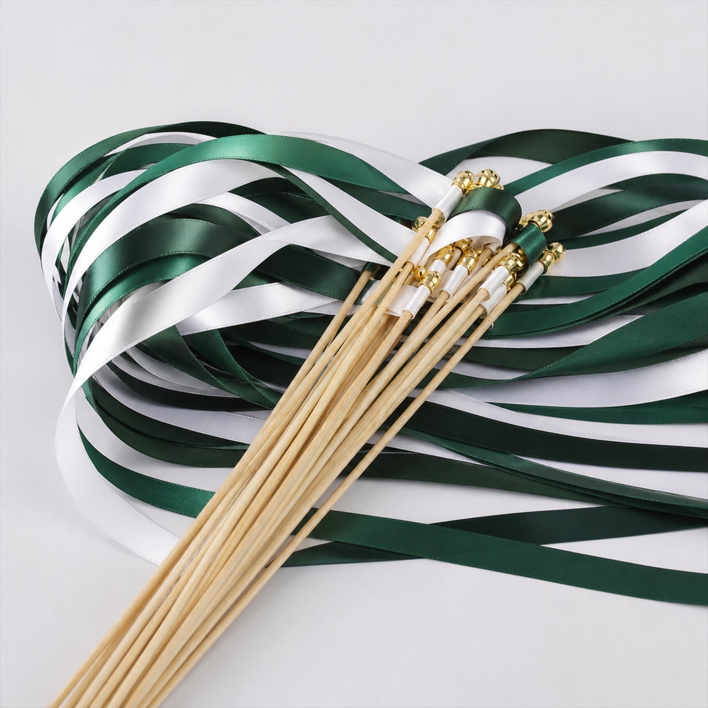Handmade Forest Green & White Satin Ribbon Wedding Wands with Bell
