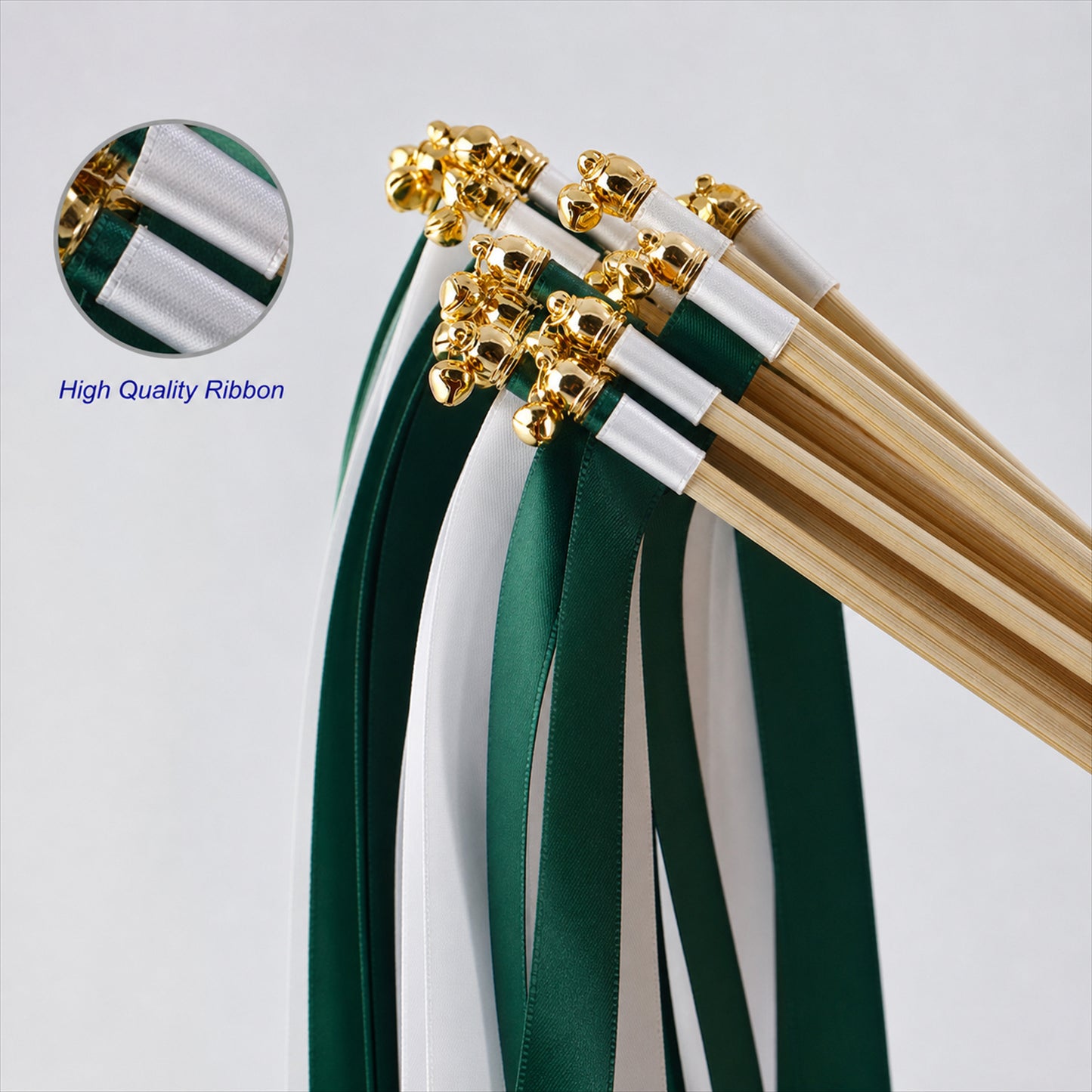 Handmade Forest Green & White Satin Ribbon Wedding Wands with Bell