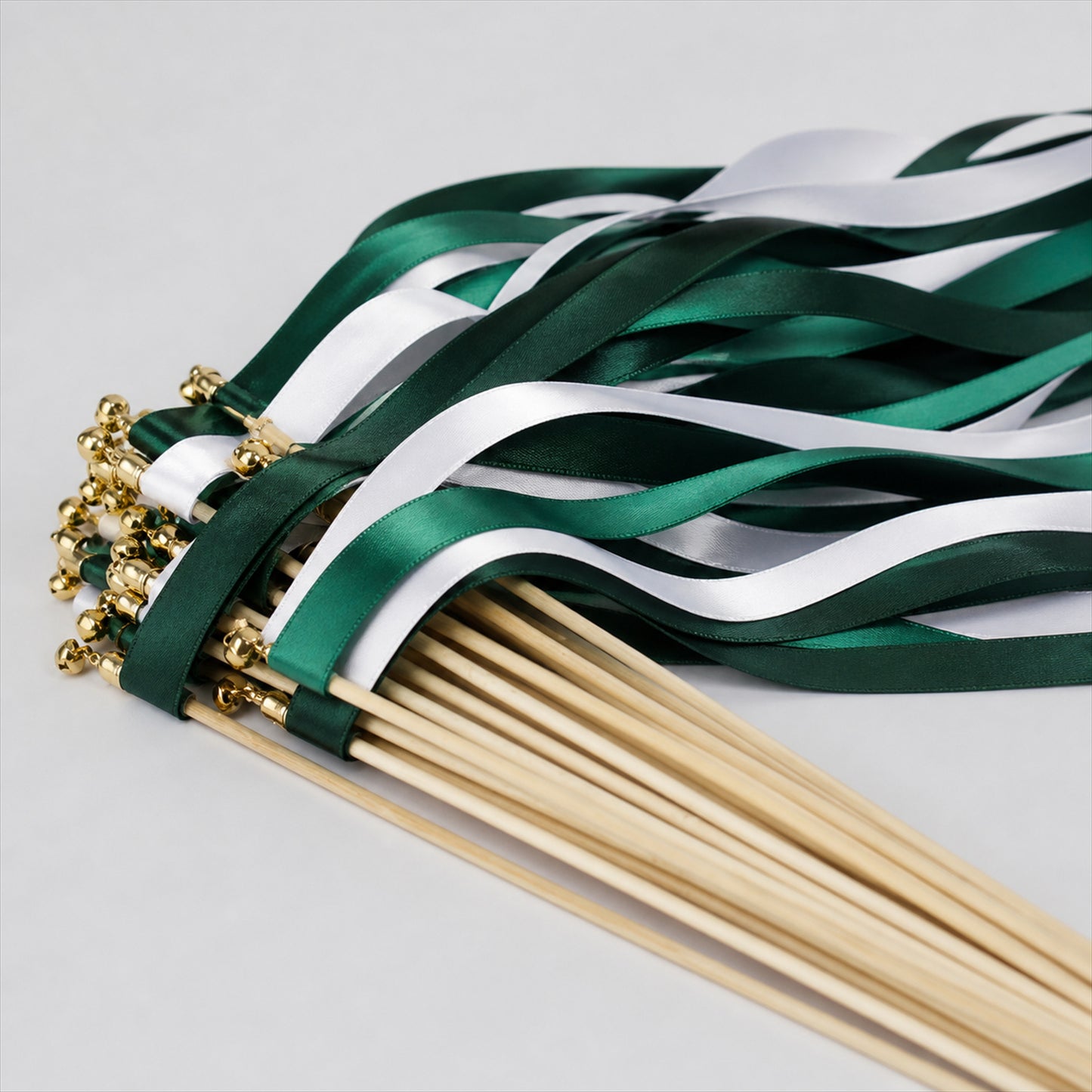 Handmade Forest Green & White Satin Ribbon Wedding Wands with Bell