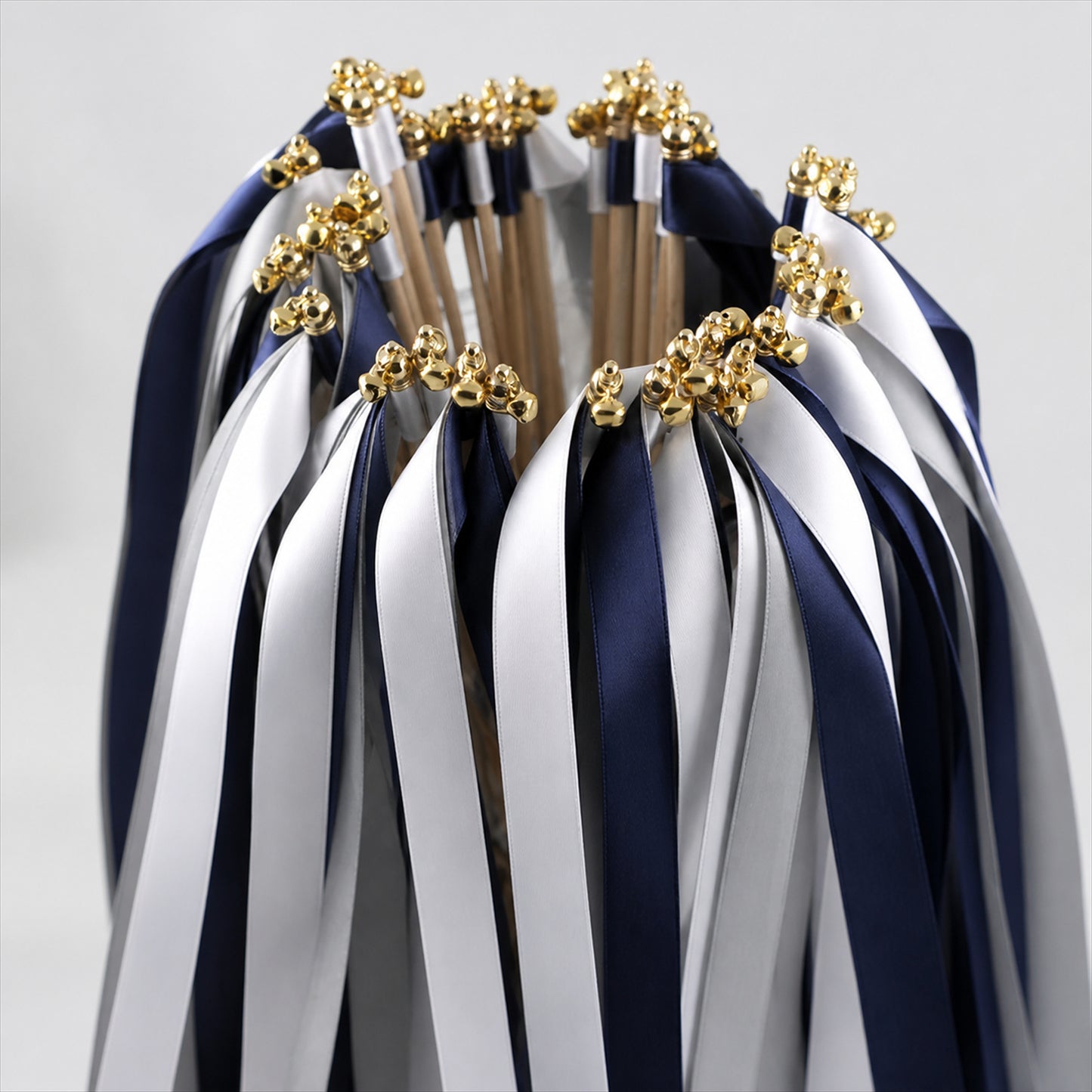 Handmade Navy, White & Silver Gray Satin Ribbon Wedding Wands with Bell