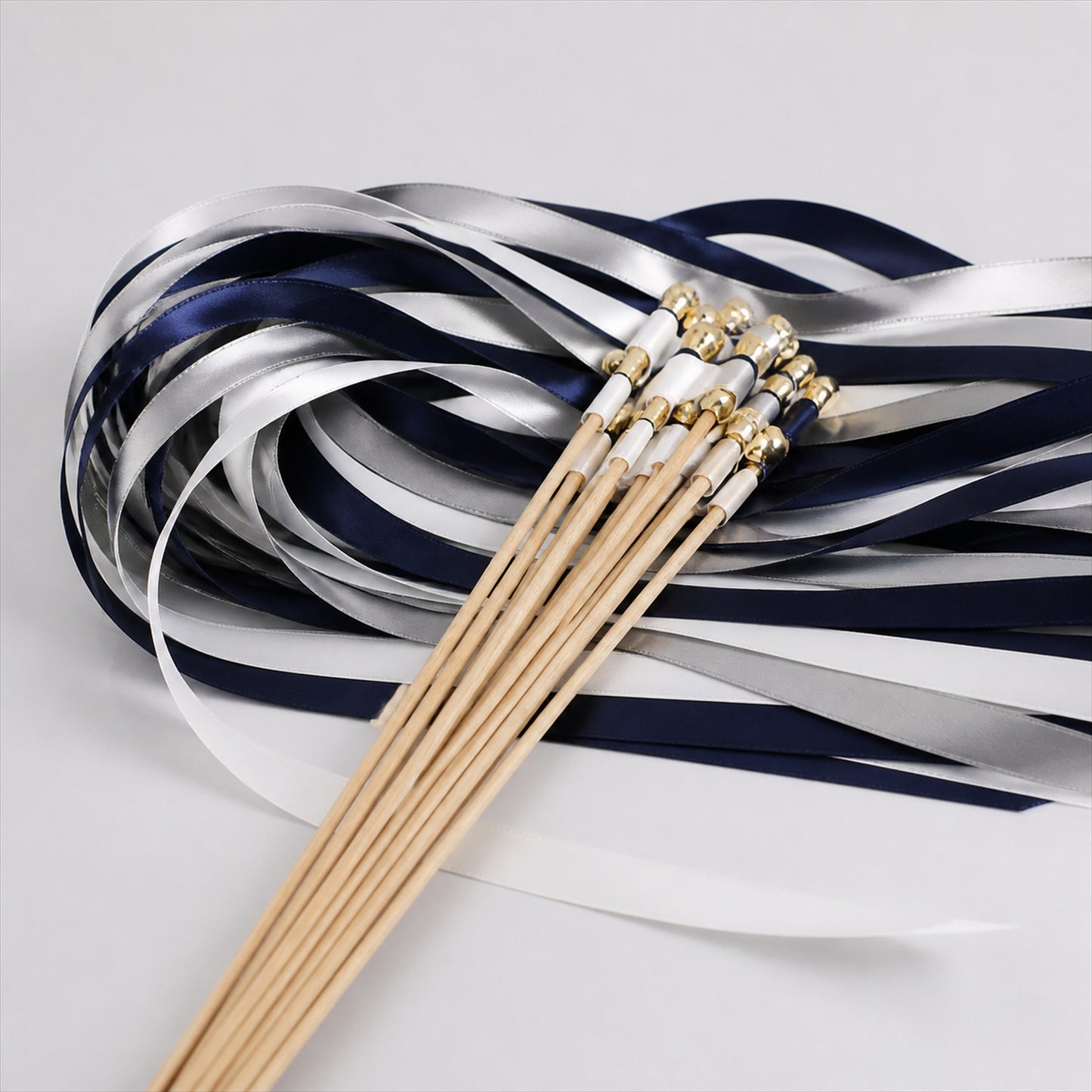 Handmade Navy, White & Silver Gray Satin Ribbon Wedding Wands with Bell