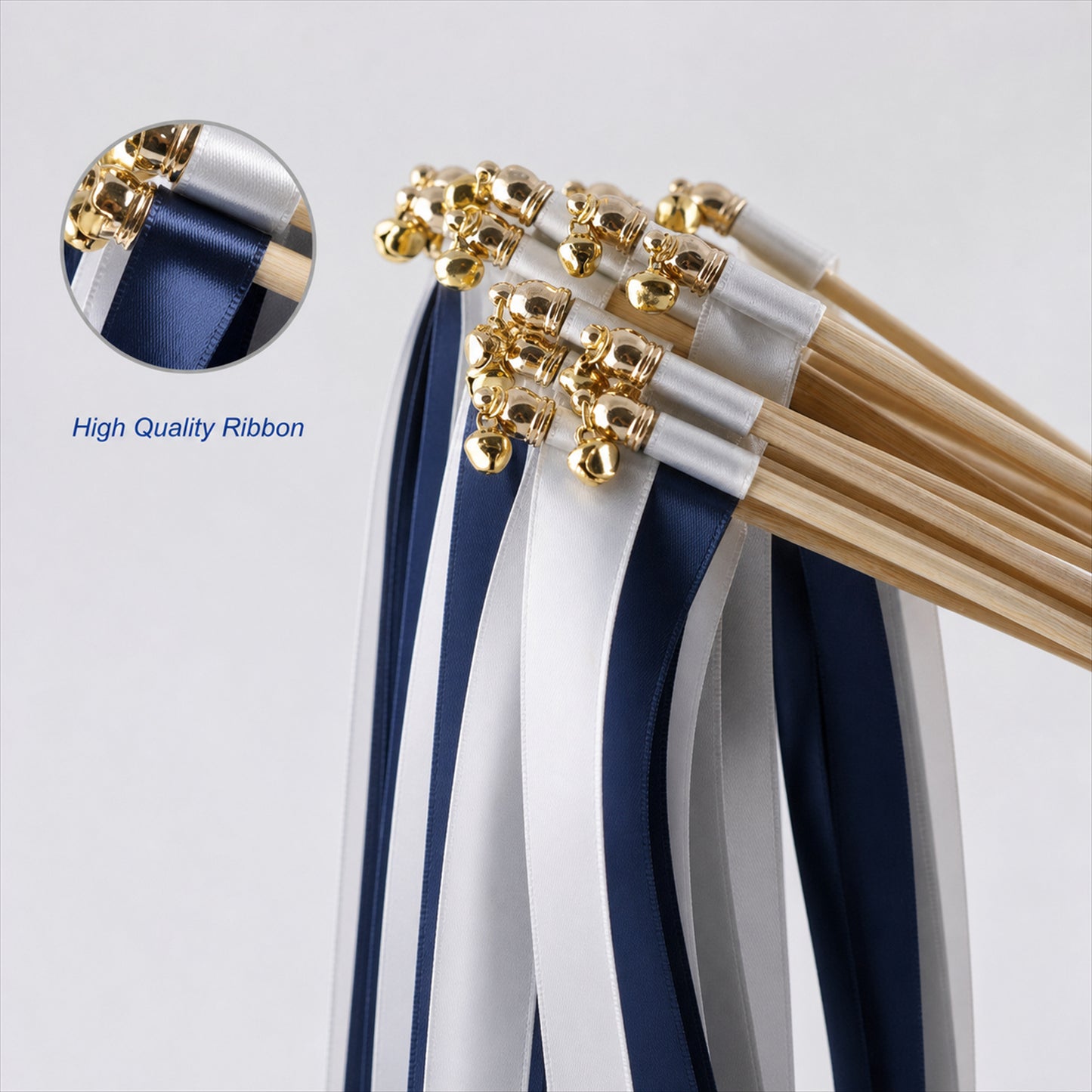 Handmade Navy, White & Silver Gray Satin Ribbon Wedding Wands with Bell