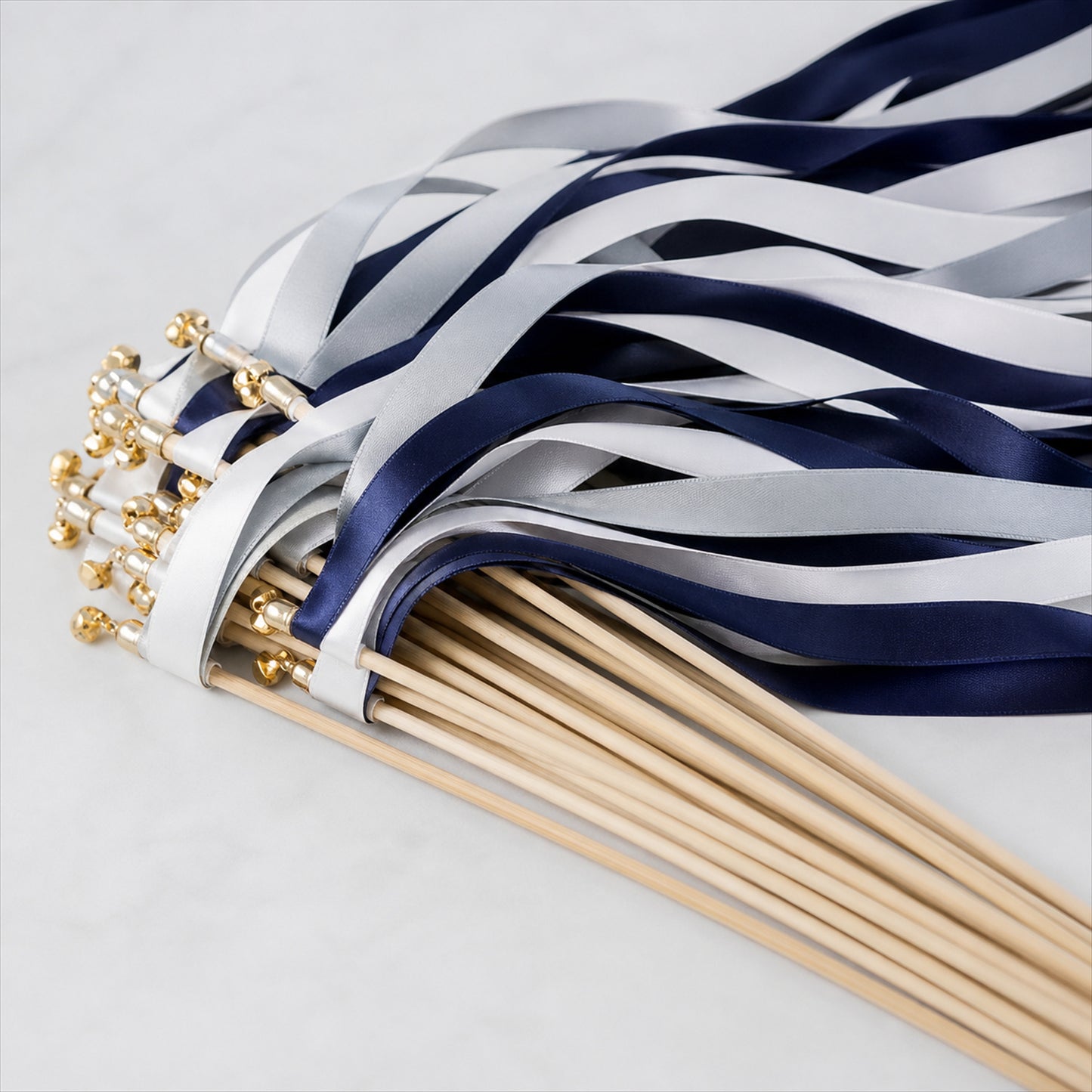 Handmade Navy, White & Silver Gray Satin Ribbon Wedding Wands with Bell