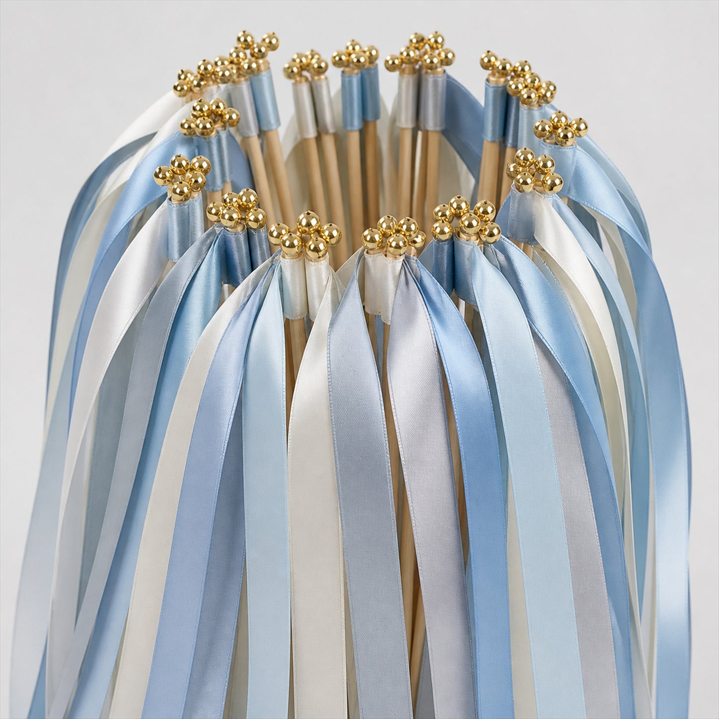 Handmade Powder Blue, Silver Gray & White Satin Ribbon Wedding Wands with Bell