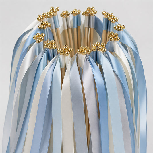 Handmade Powder Blue, Silver Gray & White Satin Ribbon Wedding Wands with Bell