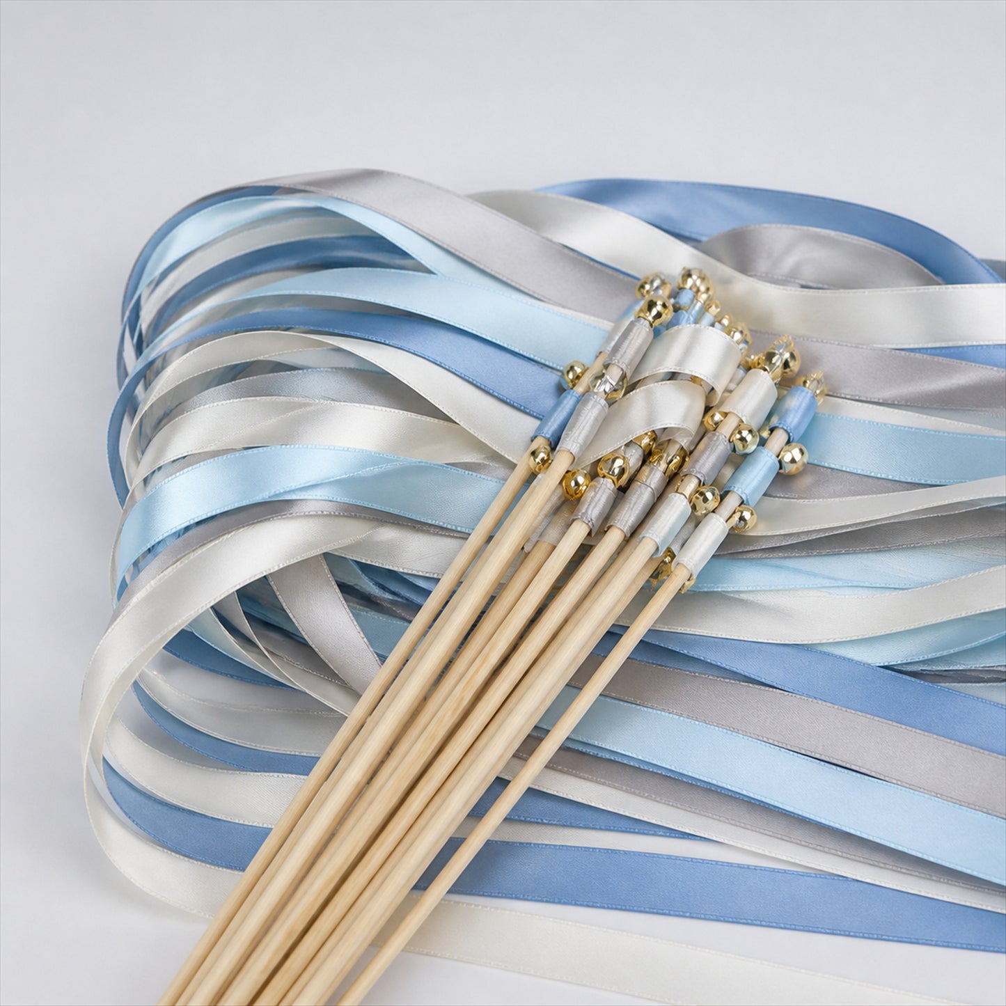 Handmade Powder Blue, Silver Gray & White Satin Ribbon Wedding Wands with Bell