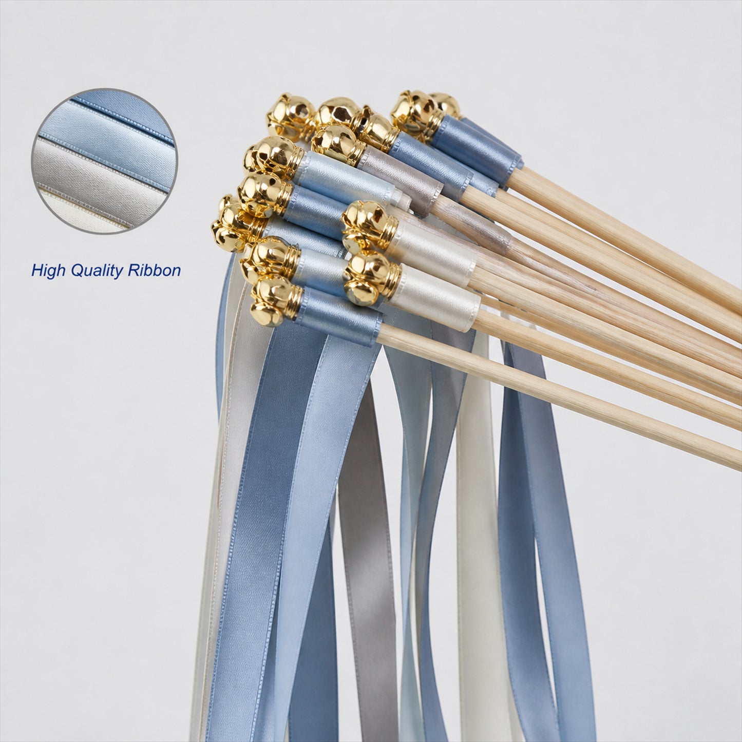 Handmade Powder Blue, Silver Gray & White Satin Ribbon Wedding Wands with Bell