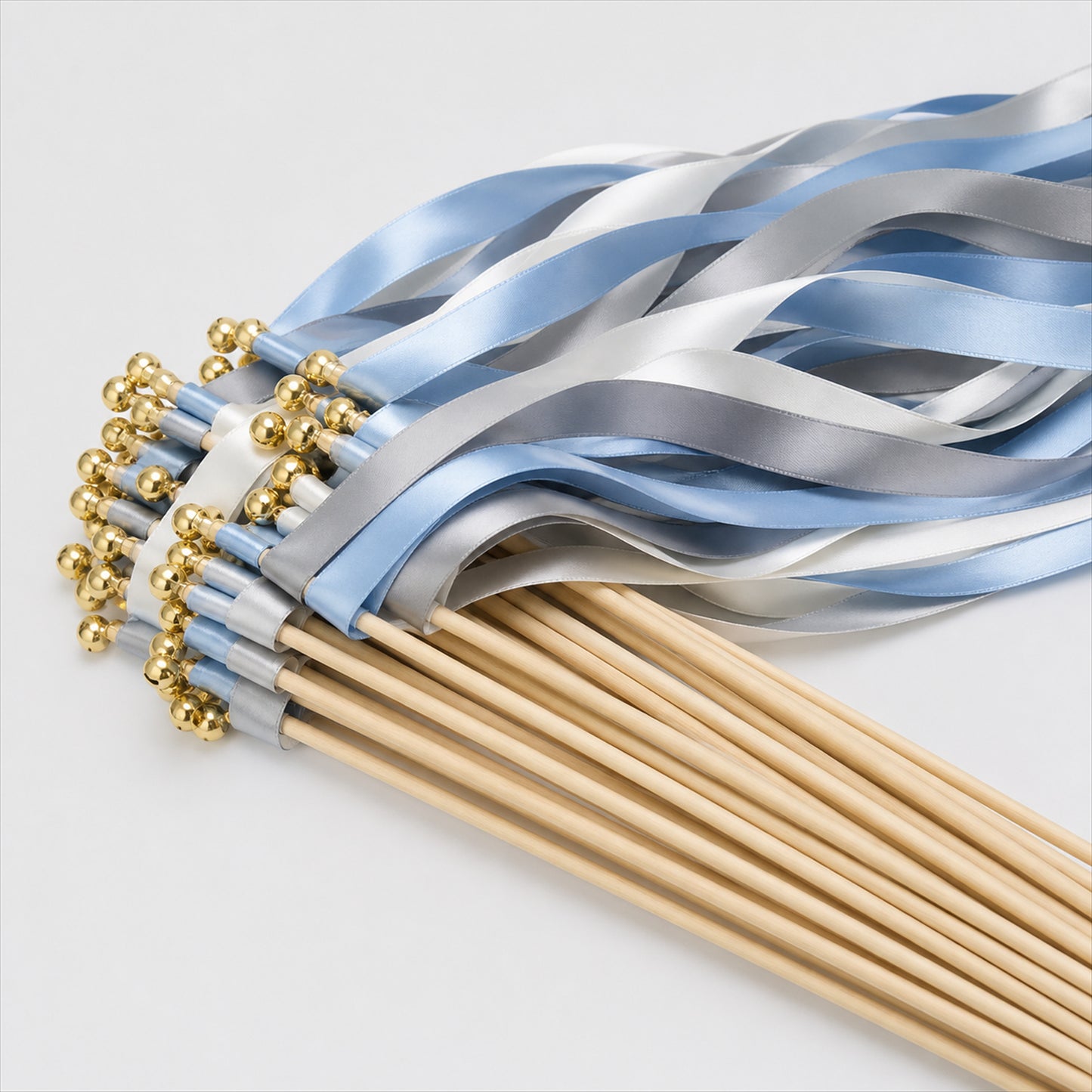 Handmade Powder Blue, Silver Gray & White Satin Ribbon Wedding Wands with Bell