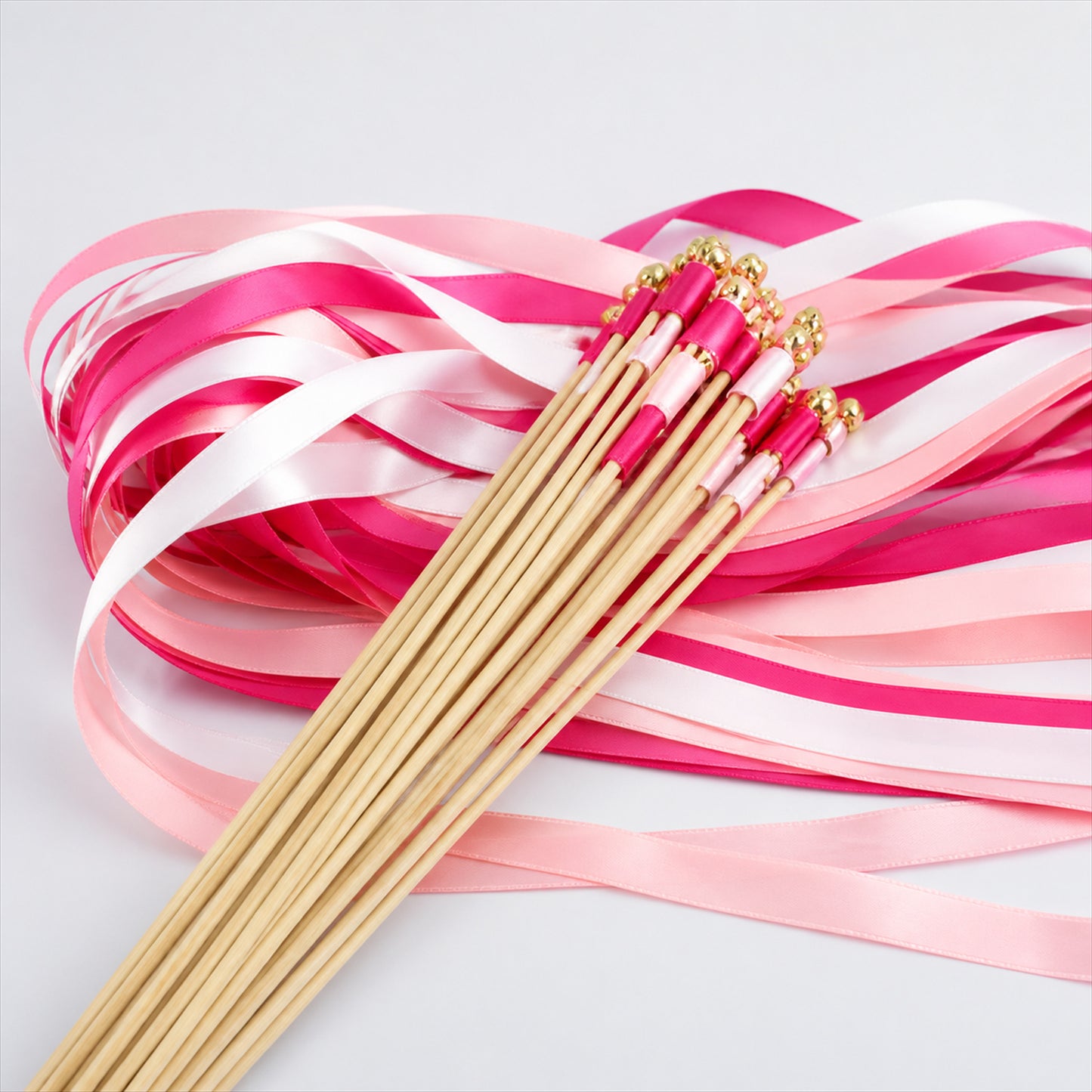 Handmade Fuchsia, Blush & White Satin Ribbon Wedding Wands with Bell