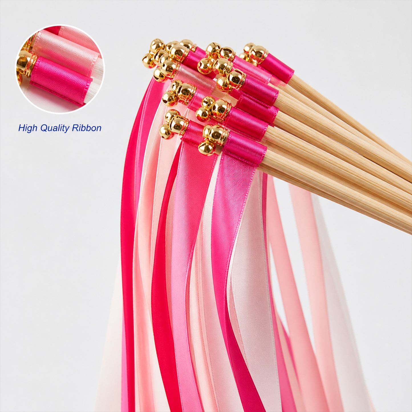Handmade Fuchsia, Blush & White Satin Ribbon Wedding Wands with Bell