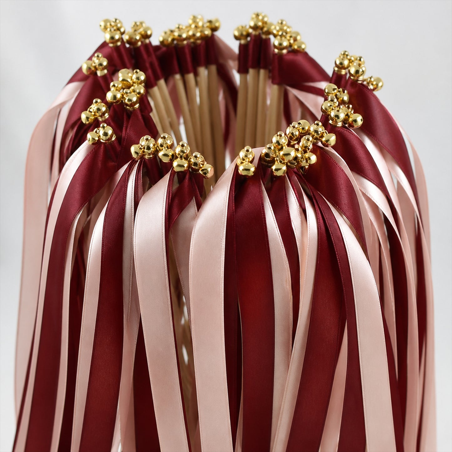 Handmade Burgundy & Blush Satin Ribbon Wedding Wands with Bell
