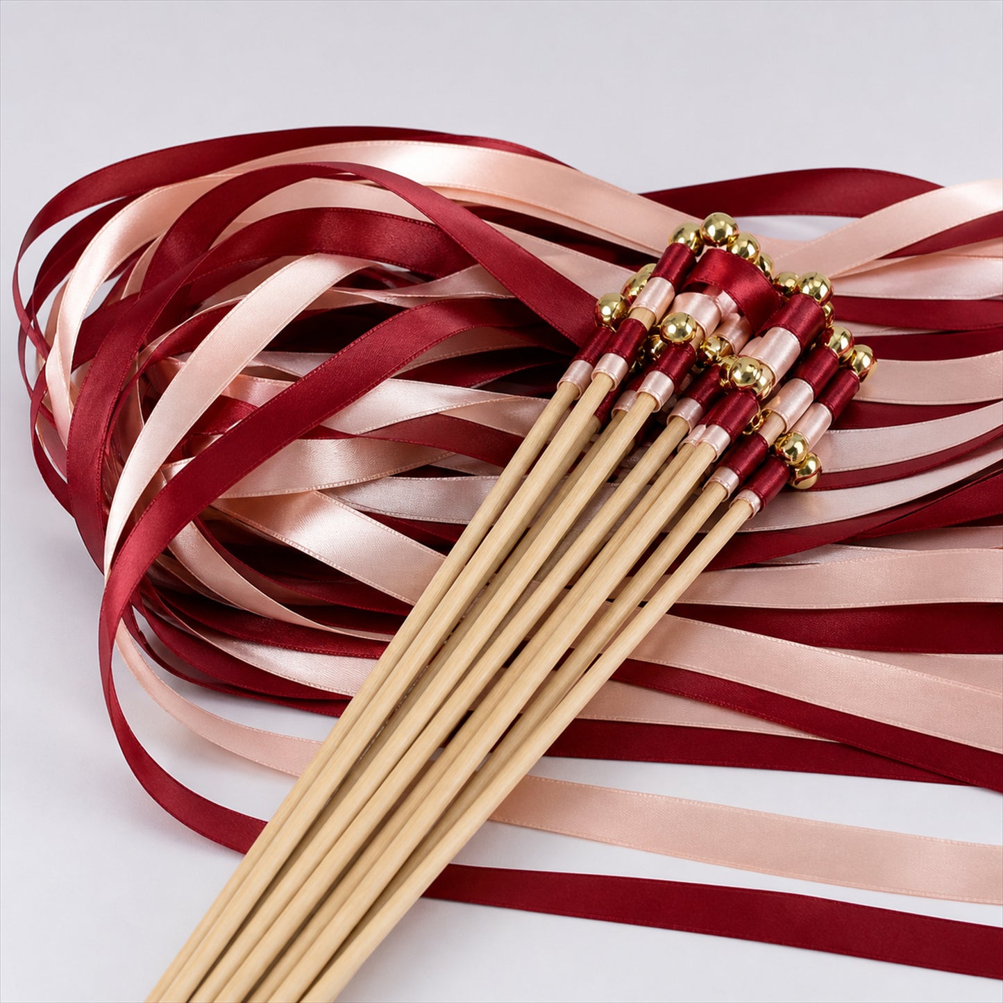 Handmade Burgundy & Blush Satin Ribbon Wedding Wands with Bell