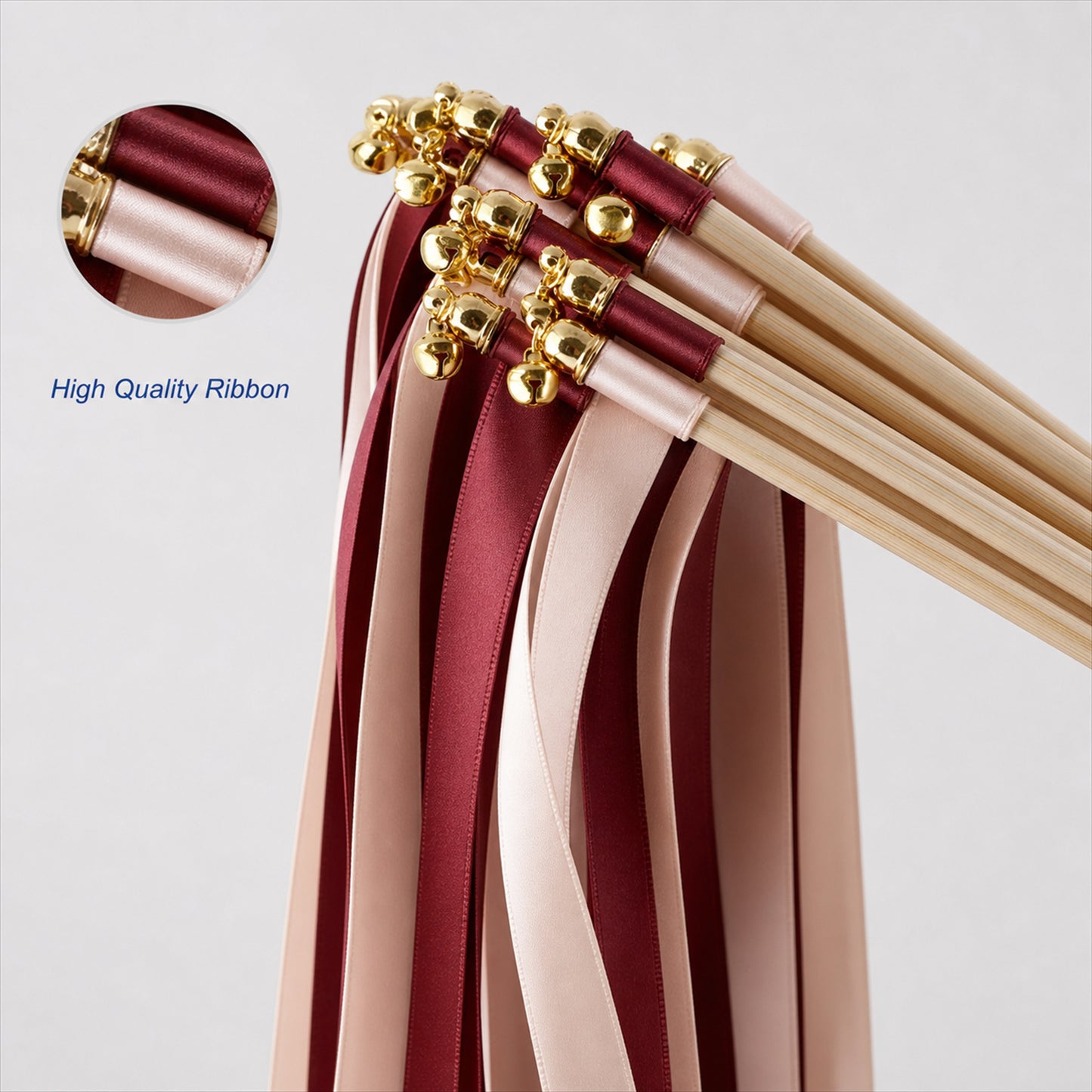 Handmade Burgundy & Blush Satin Ribbon Wedding Wands with Bell